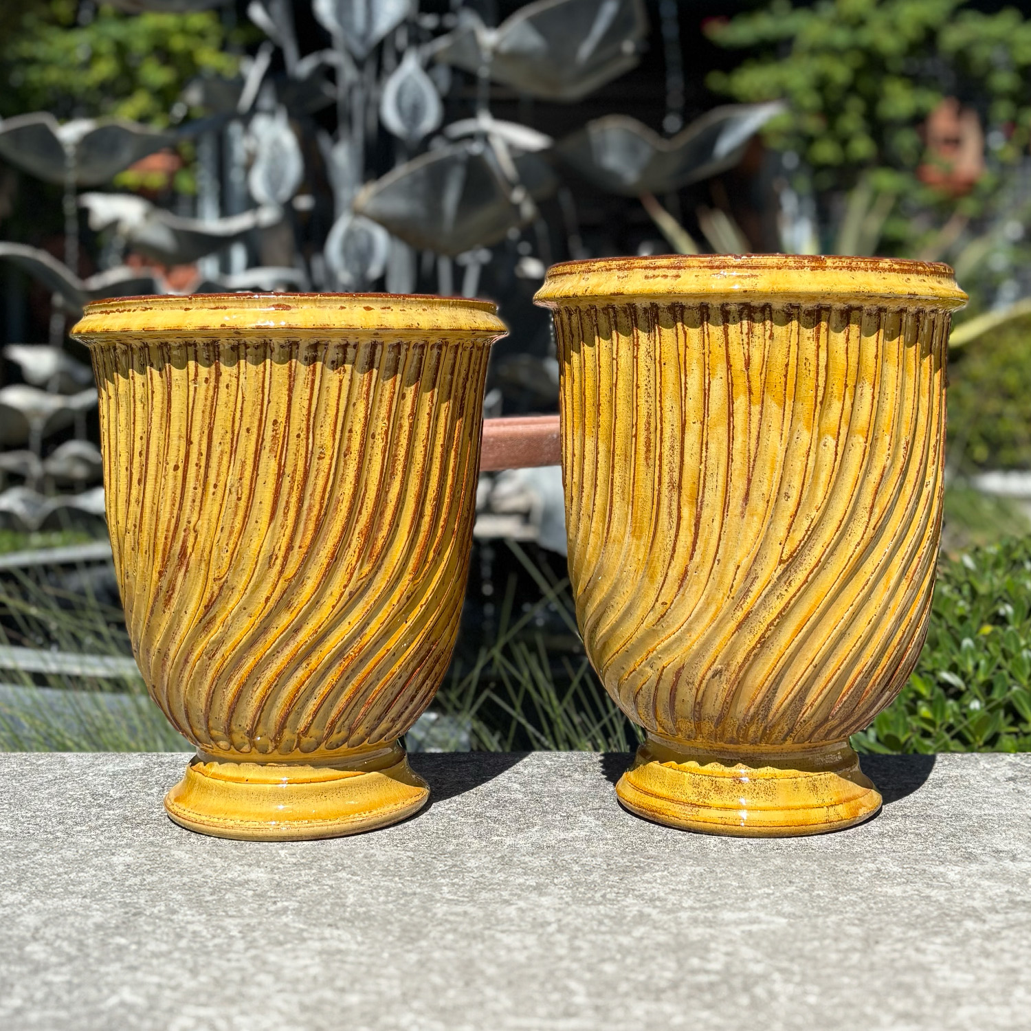 Pair of Anduze Garden Urns Striped Design in Yellow Glaze