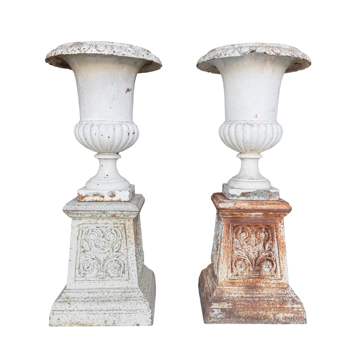Pair of French Cast Iron Medici Vases on Pedestals, Circa 1850