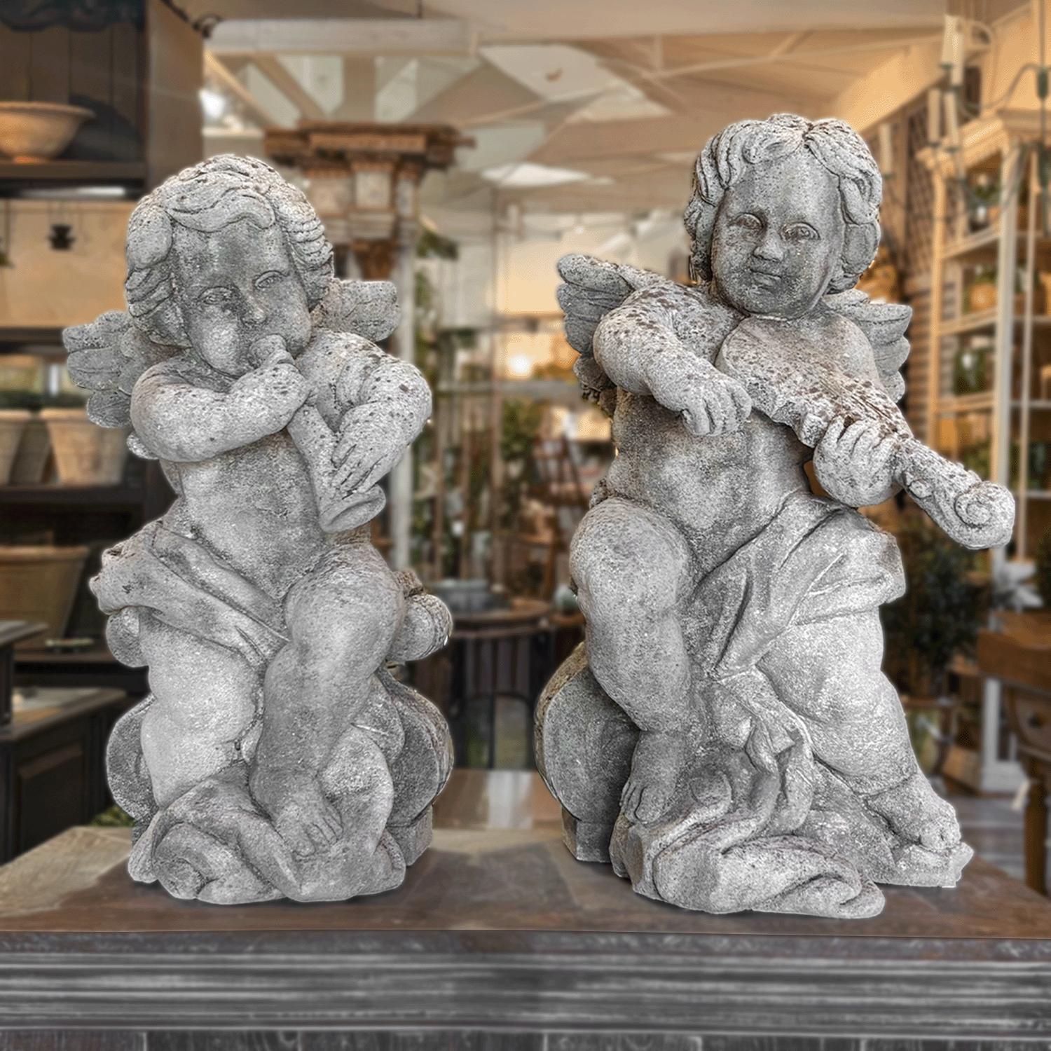 19th Century French Pair of Antique Limestone Cherubs – Les Anges de la Musique
