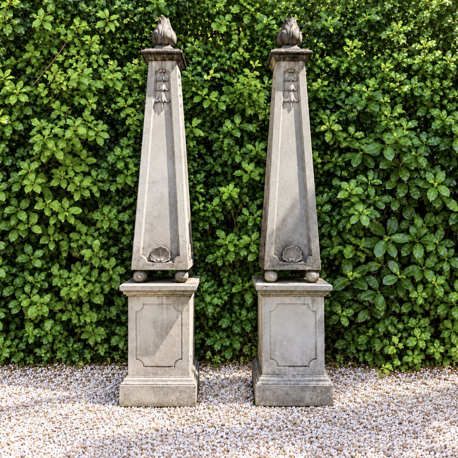 Pair of Tall Obelisks in Hand Carved Limestone