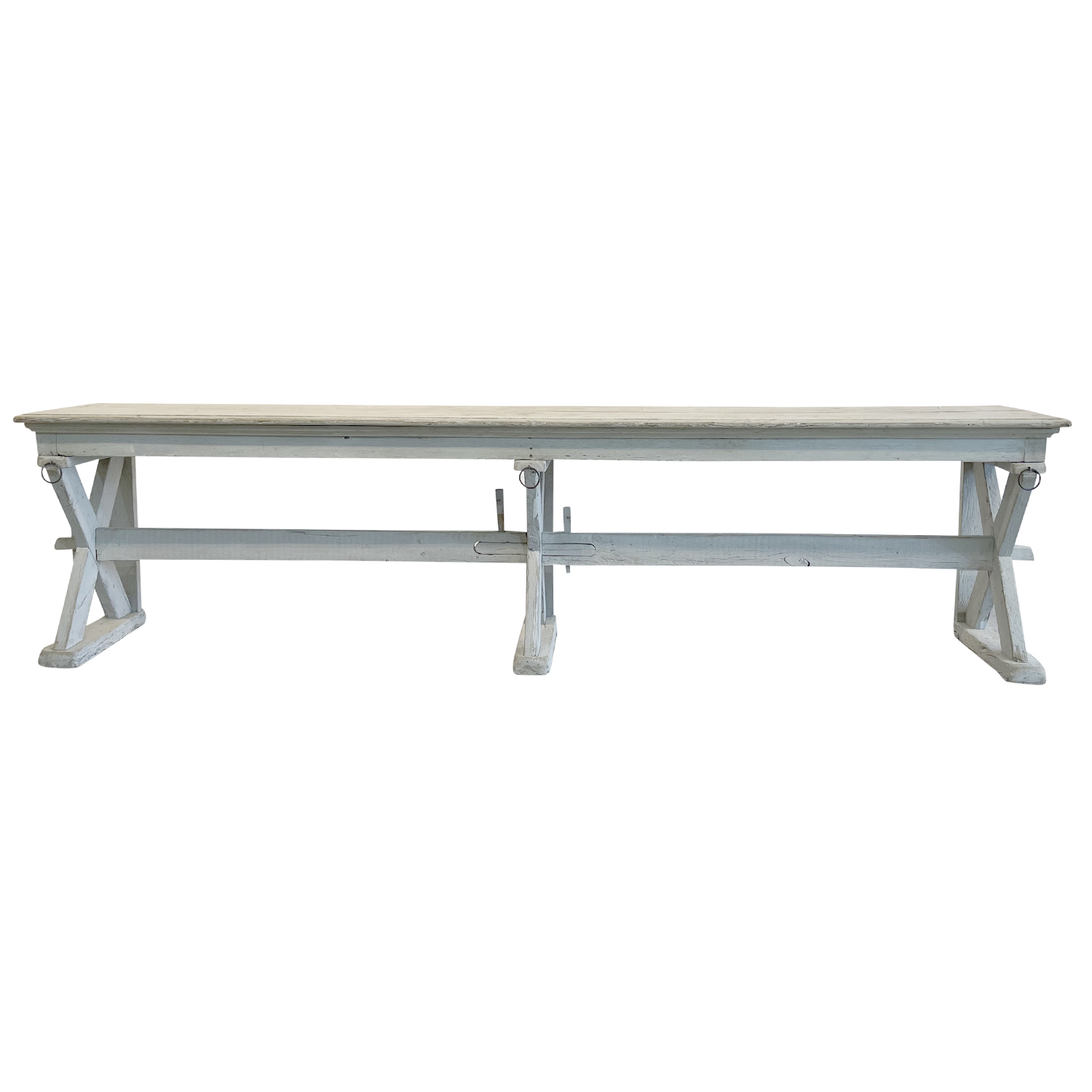 19th Century White-Grey French Antique Oakwood Trestle Console Table