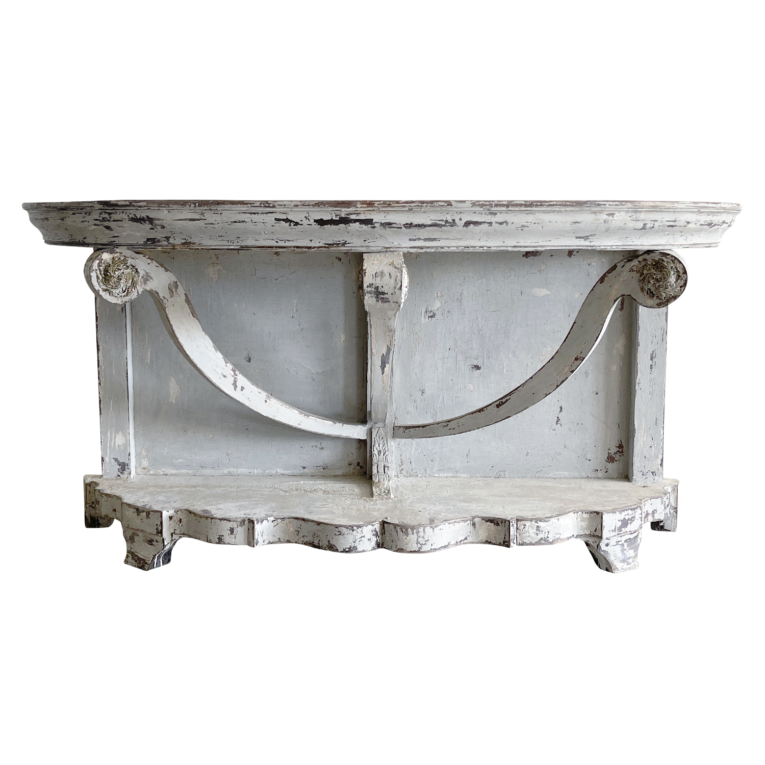 19th Century White-Grey French Demi-Lune Oakwood Console Table