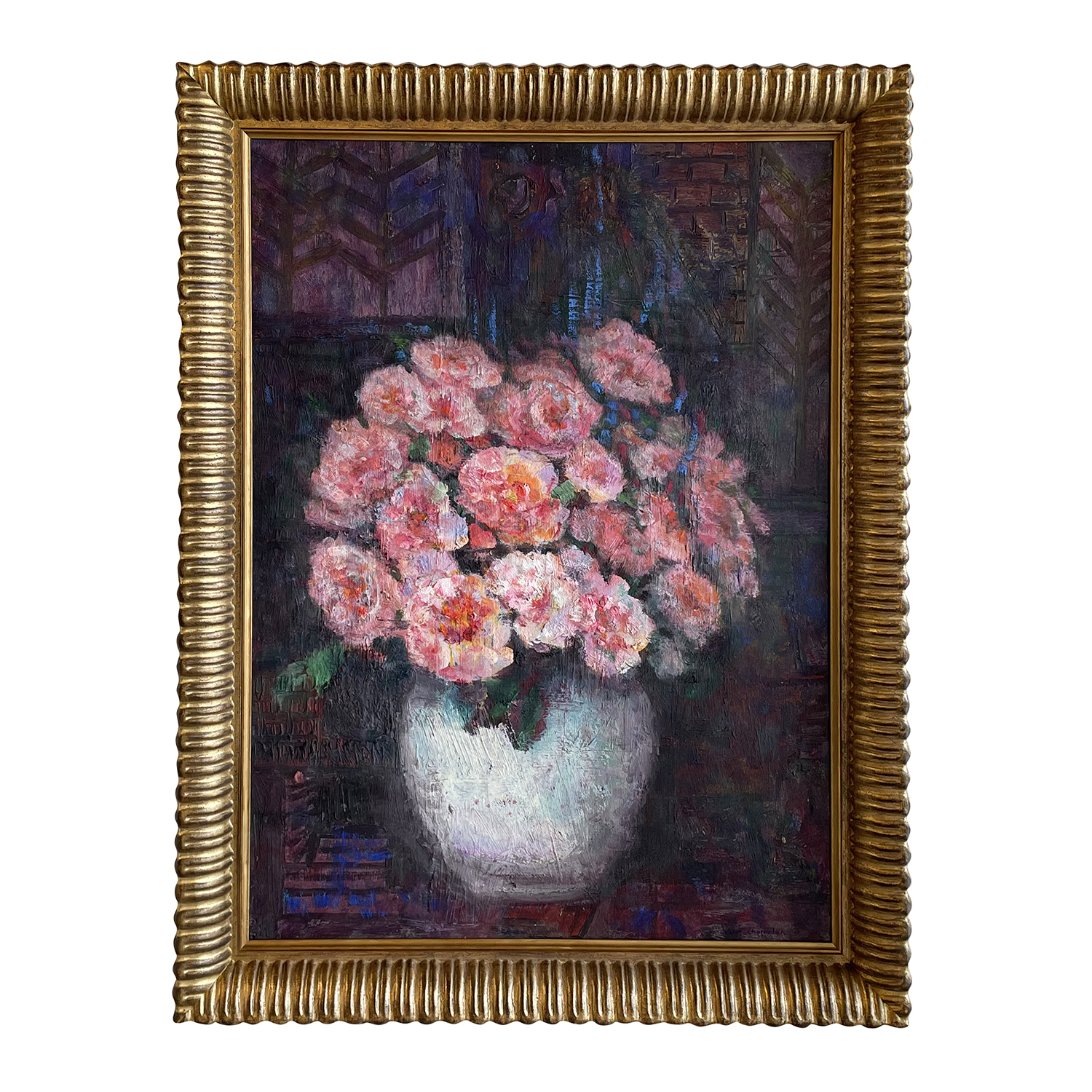 20th Century French Oil Painting of a Vase with Pink Flowers by Victor Charreton