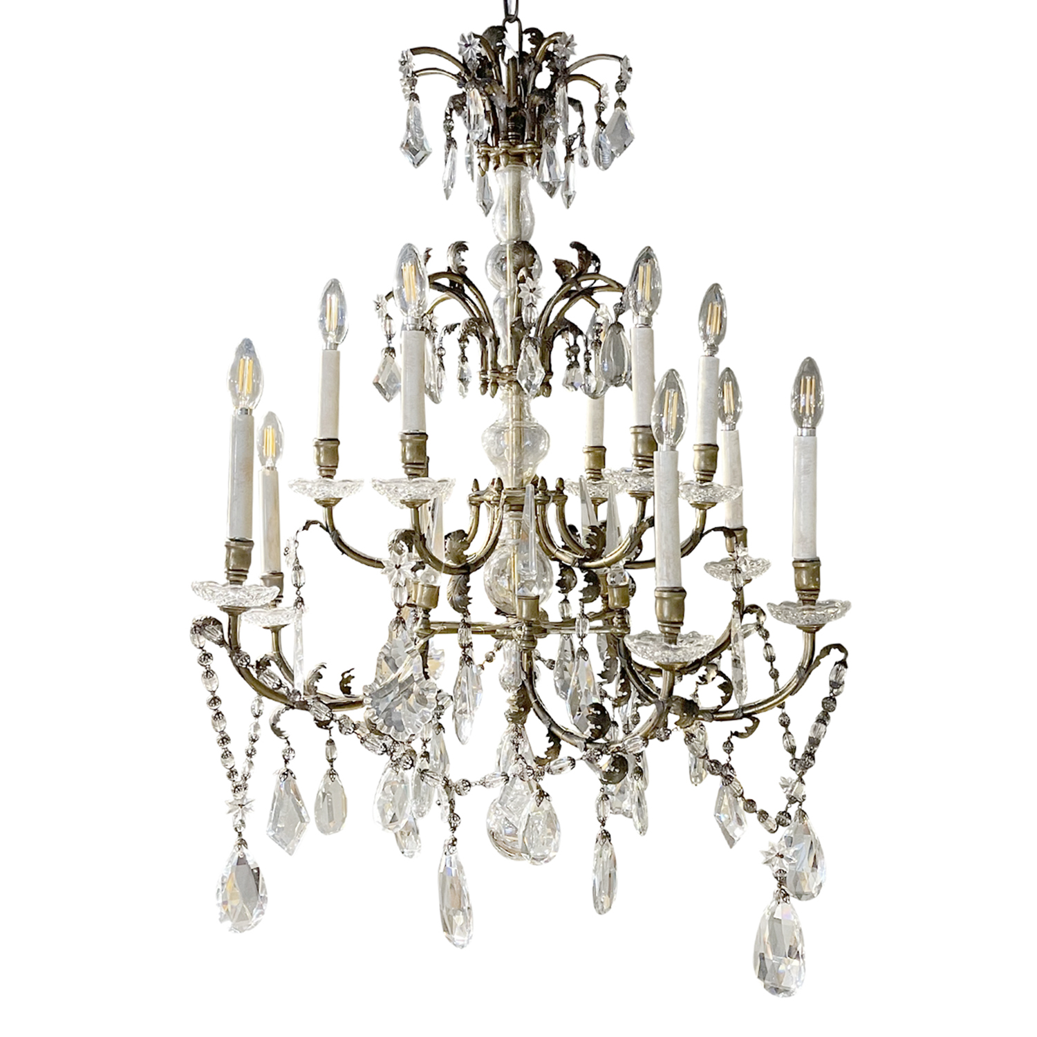 20th Century French Four Tiered Bronze Chandelier – Clear Crystal Glass Pendant