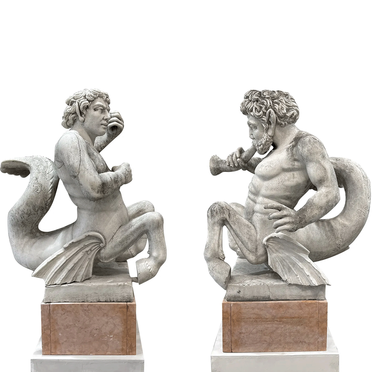 20th Century Pair of Italian Triton Garden Statues – Antique Marble Sculptures
