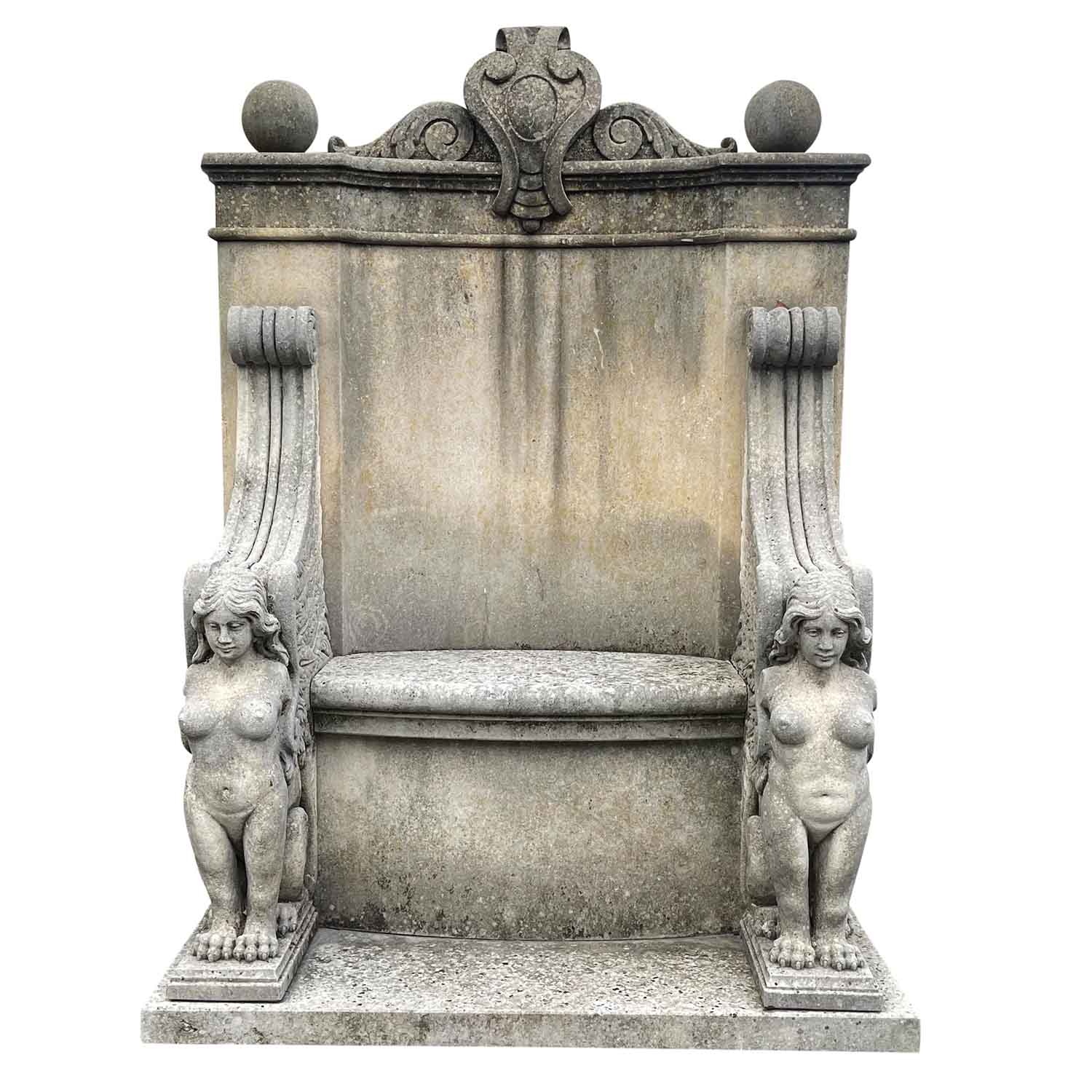 Late 19th-Century Italian Hand-Carved Limestone Throne with Sphinx Figures