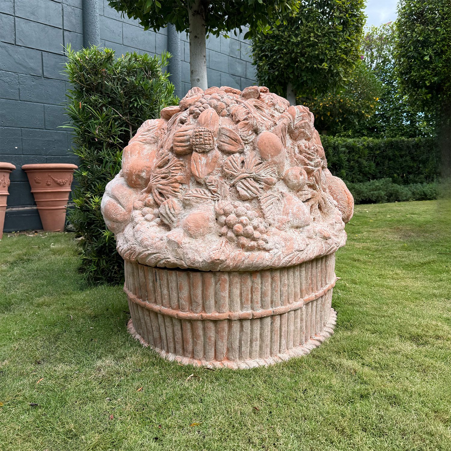 Pair of Large French Fruit Basket Finials in Terra Cotta