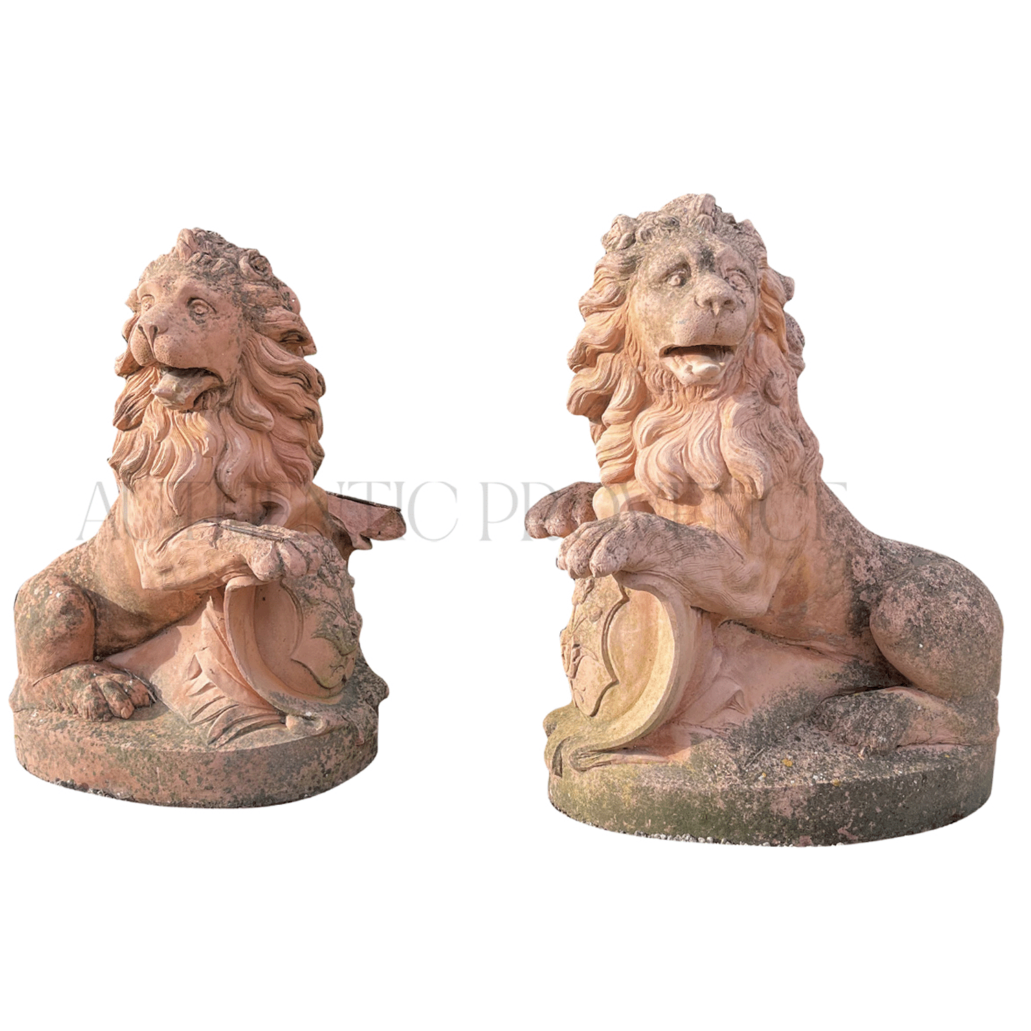 19th Century Pair of Regal Terra Cotta Lions Garden Statuary