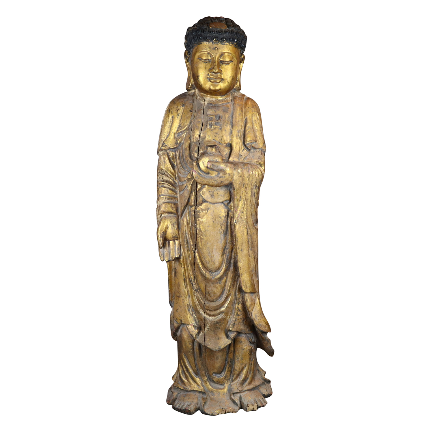 19th Century Chinese Antique Wooden Figure of the Medicine Buddha Bhaishajyaguru
