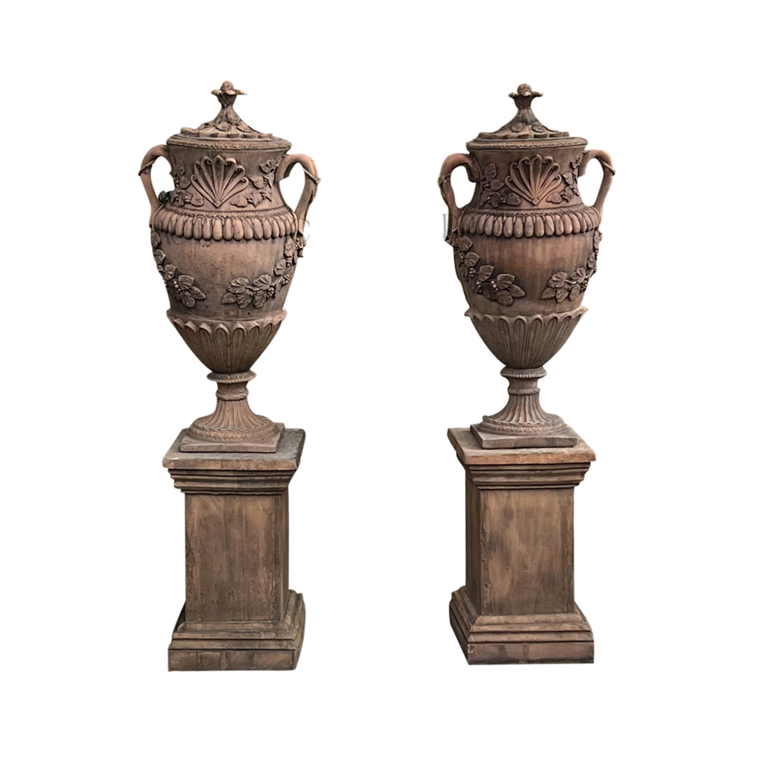 A Pair of Vintage English Garden Urns with Pedestals