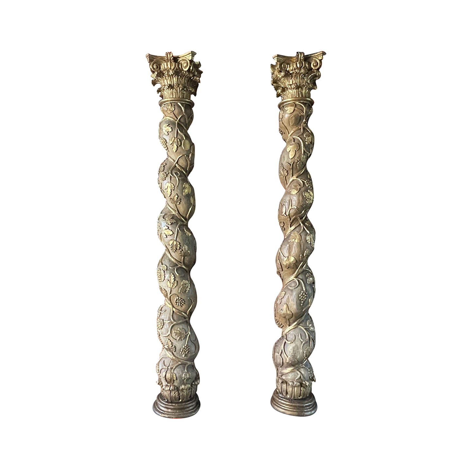 18th Century Italian Pair of Baroque Pinewood Columns – Antique Twisted Pillars