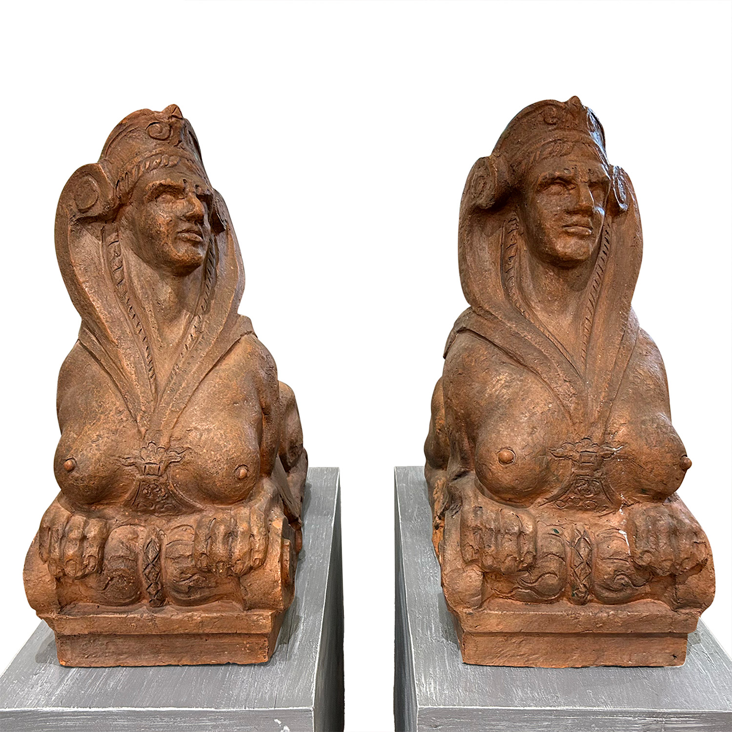 19th Century Pair of Italian Terracotta Sphinxes – Antique Tuscan Sculptures