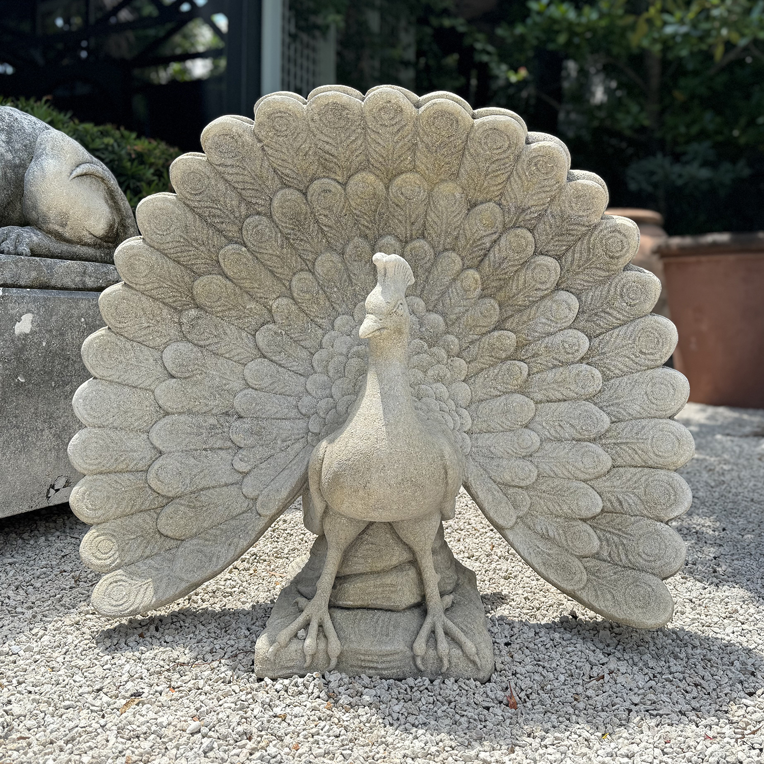 Garden Statuette of a Peacock in Hand Carved Limestone
