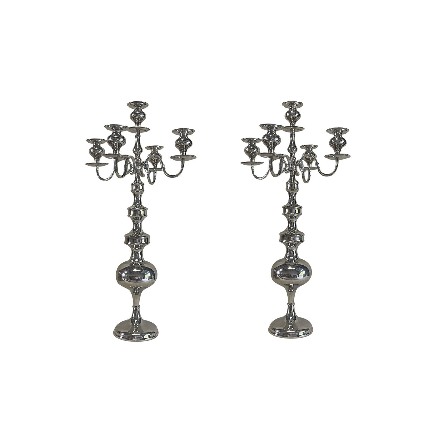 21st Century Belgian Pair of Tall Five Nickel Light Candelabras