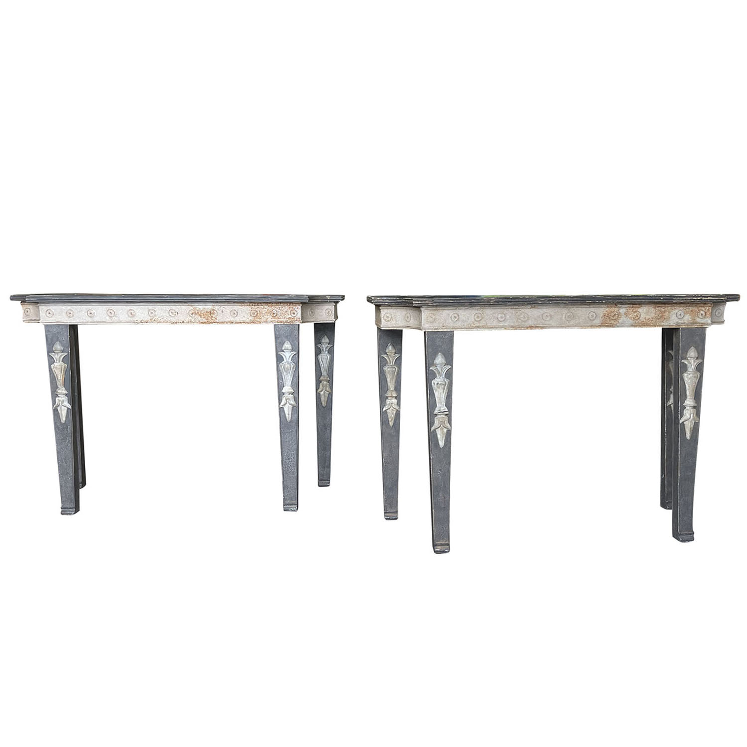 19th Century French Pair of Antique Metal, Bluestone Console Tables