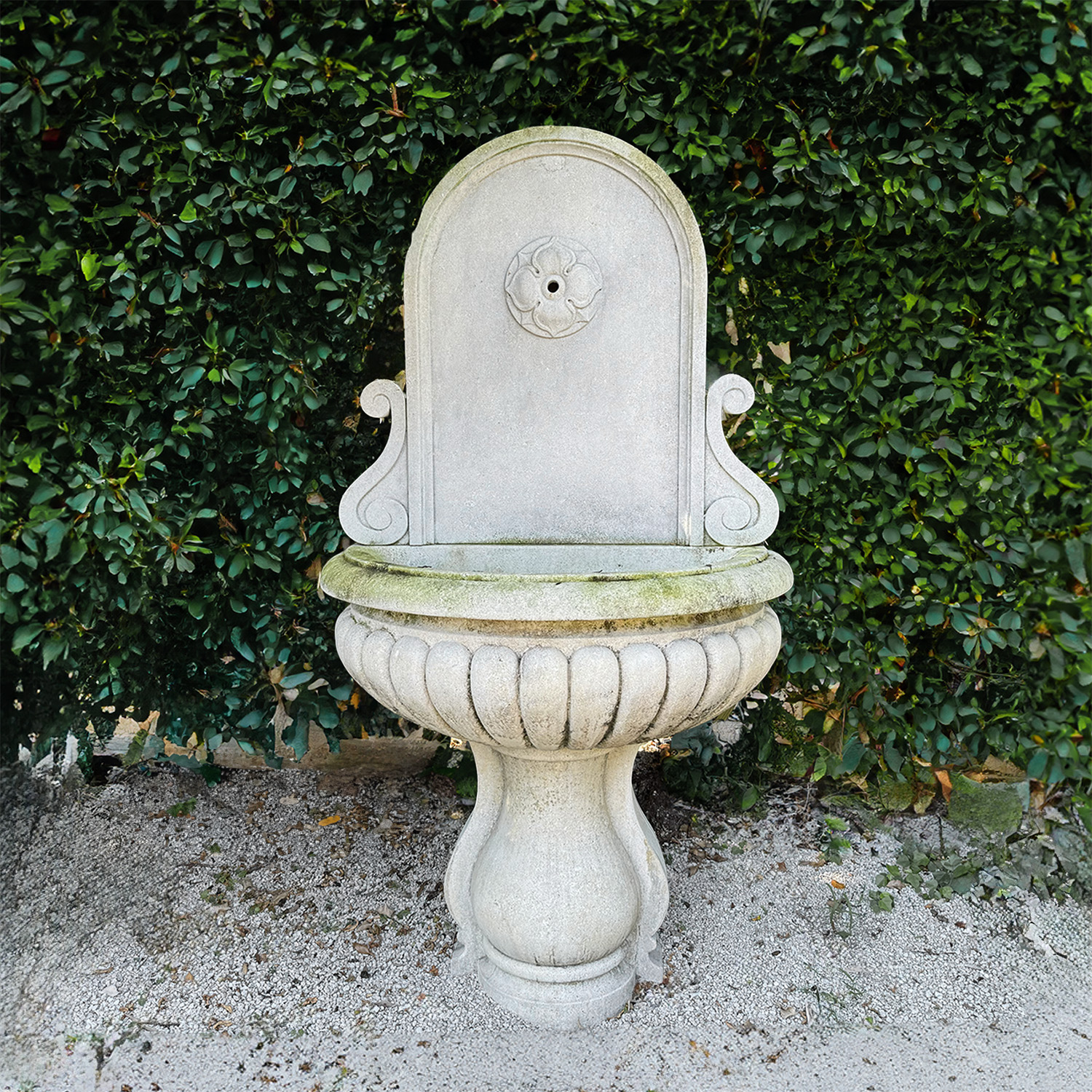 Garden Wall Fountain in Hand Carved Limestone with Lobed Basin