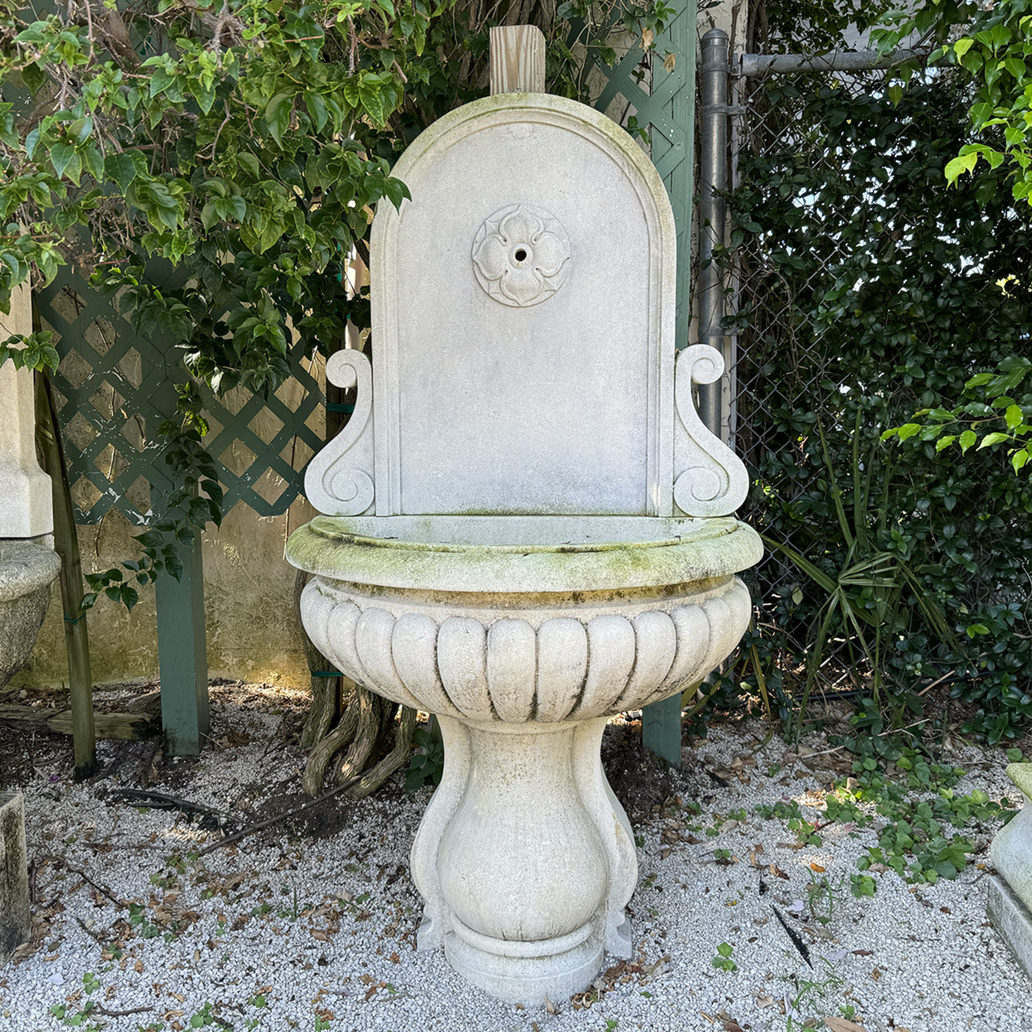 Garden Wall Fountain in Hand Carved Limestone with Lobed Basin