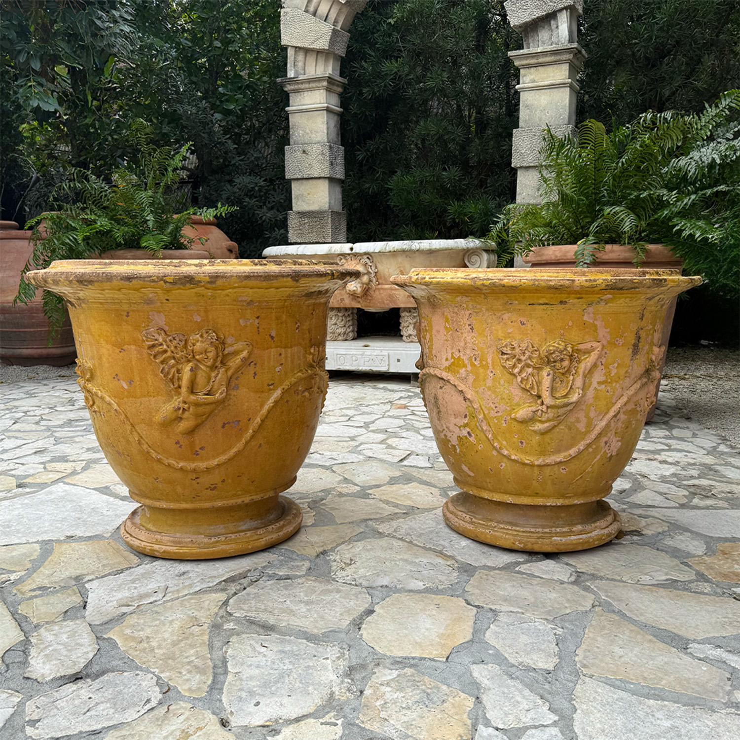 Pair of Vintage Anduze Garden Urns with Worn Patina