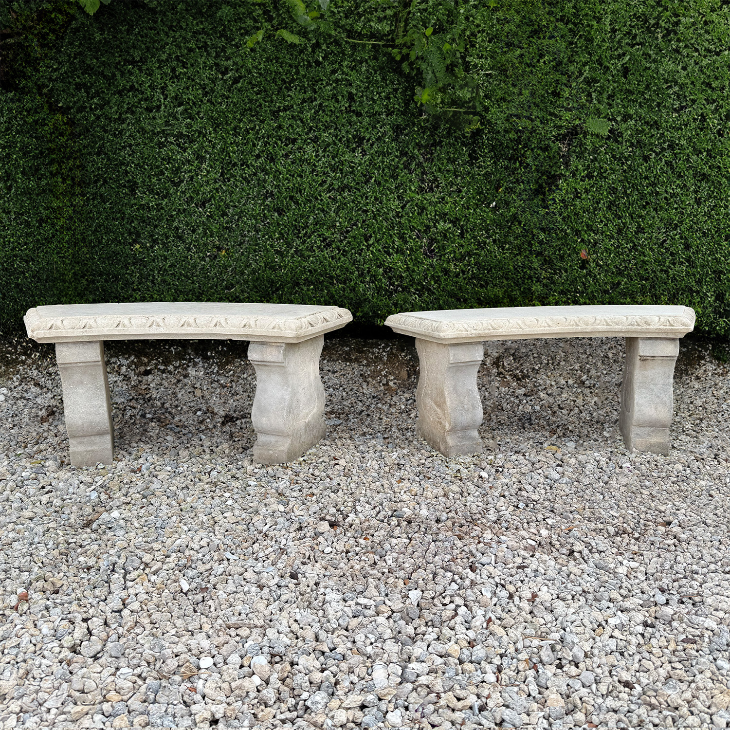 A Pair of Curved Garden Benches in Carved Limestone, Italy