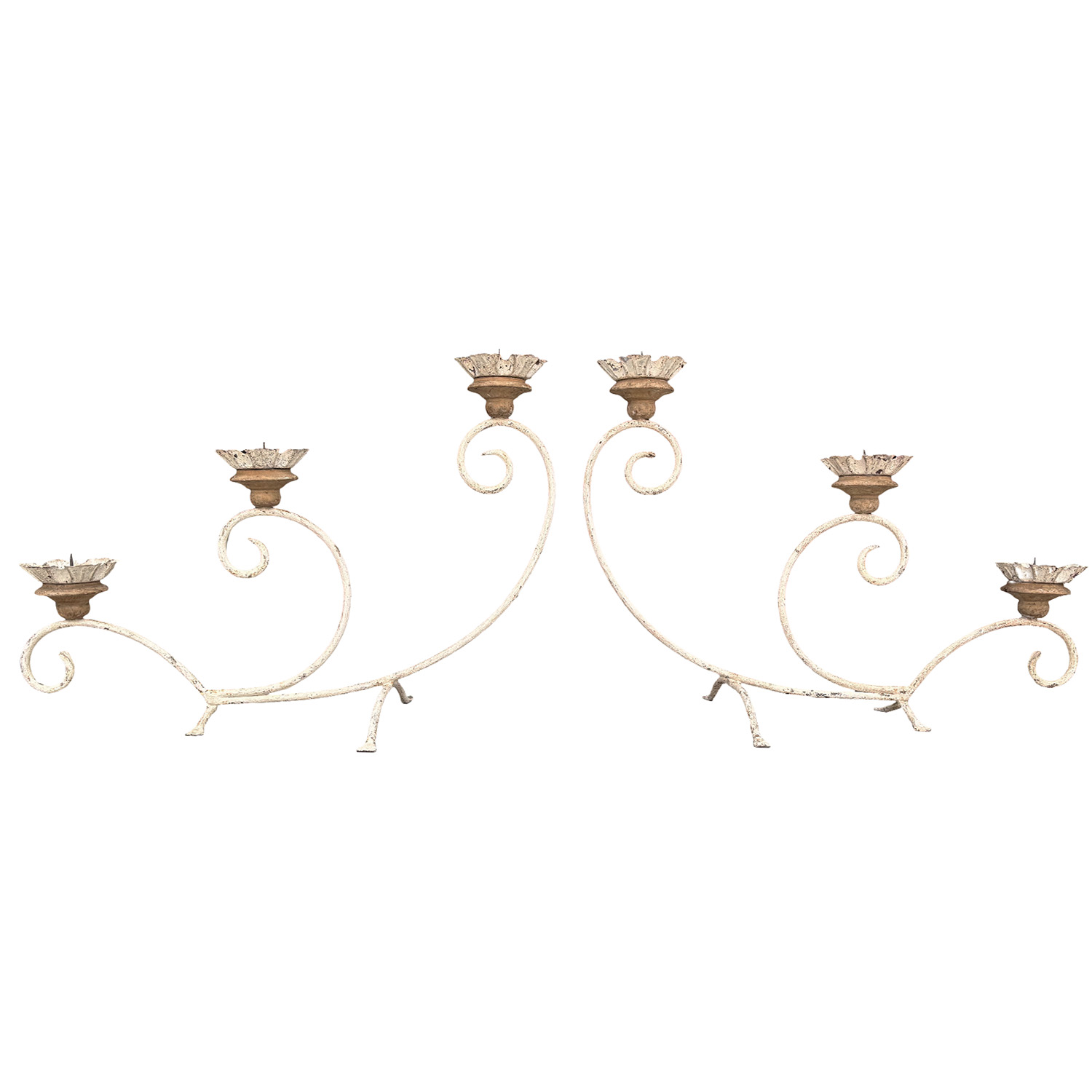 A Pair of Italian Iron Candelabra with Flower Cup Candle Holders