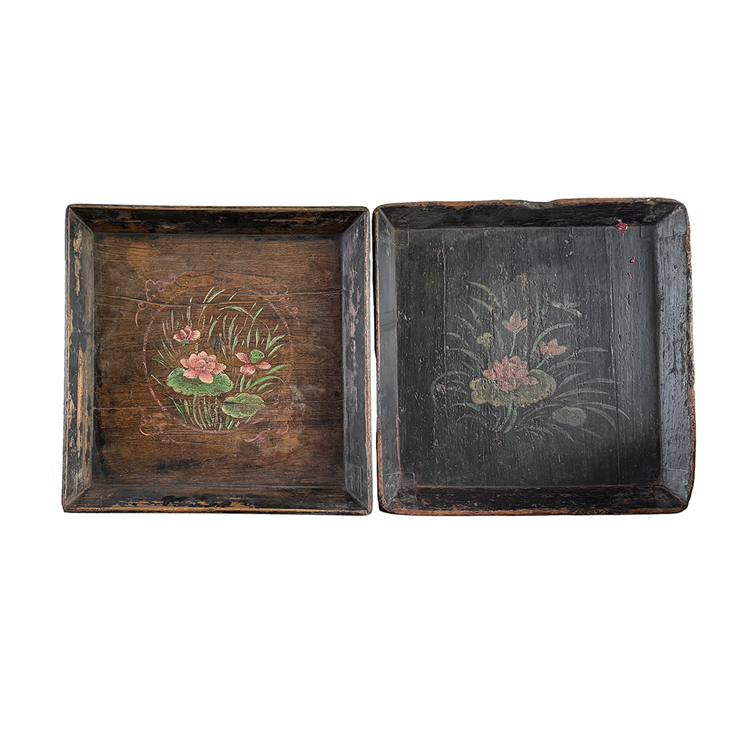 Set of Two Oriental Wooden Trays with Hand-Painted Lotus Motifs