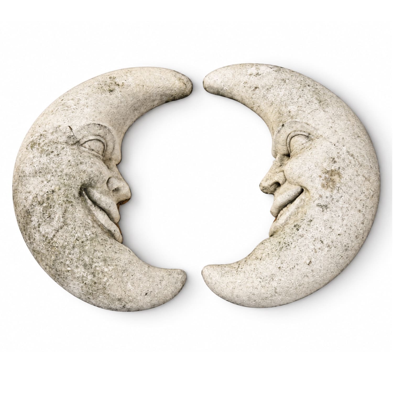 Pair of Large Carved Limestone Crescent Moon Wall Sculptures for Garden