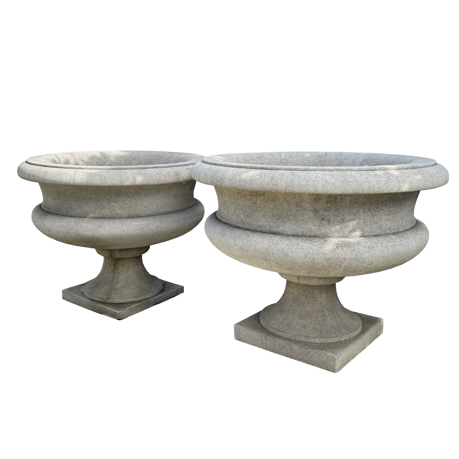 Pair of Carved Limestone Garden Urns from Italy