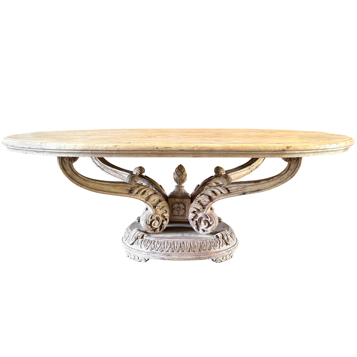19th Century French Carved Oak Pedestal Oval Dining Table in Natural Finish