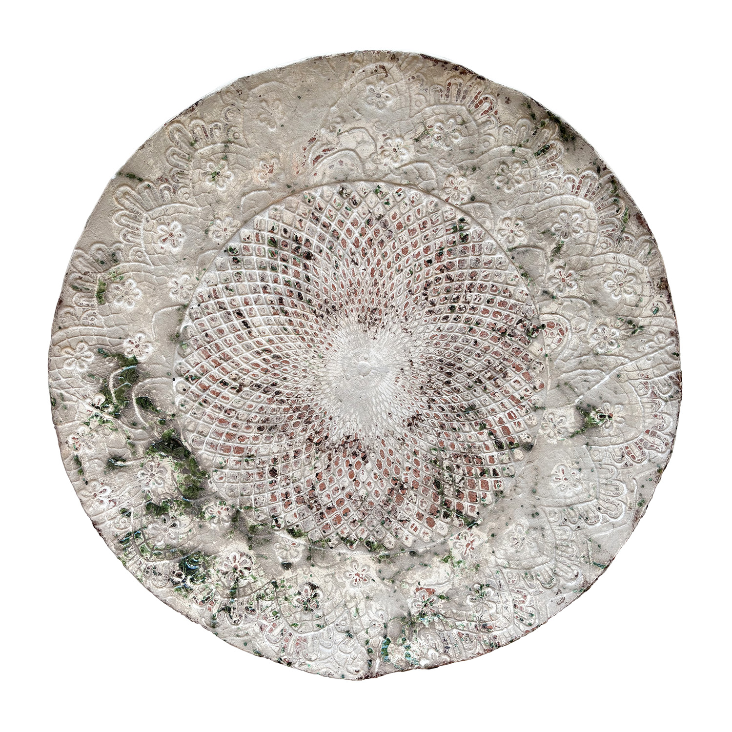 Large Round Provencal Center Piece in Terracotta with Green Enamel