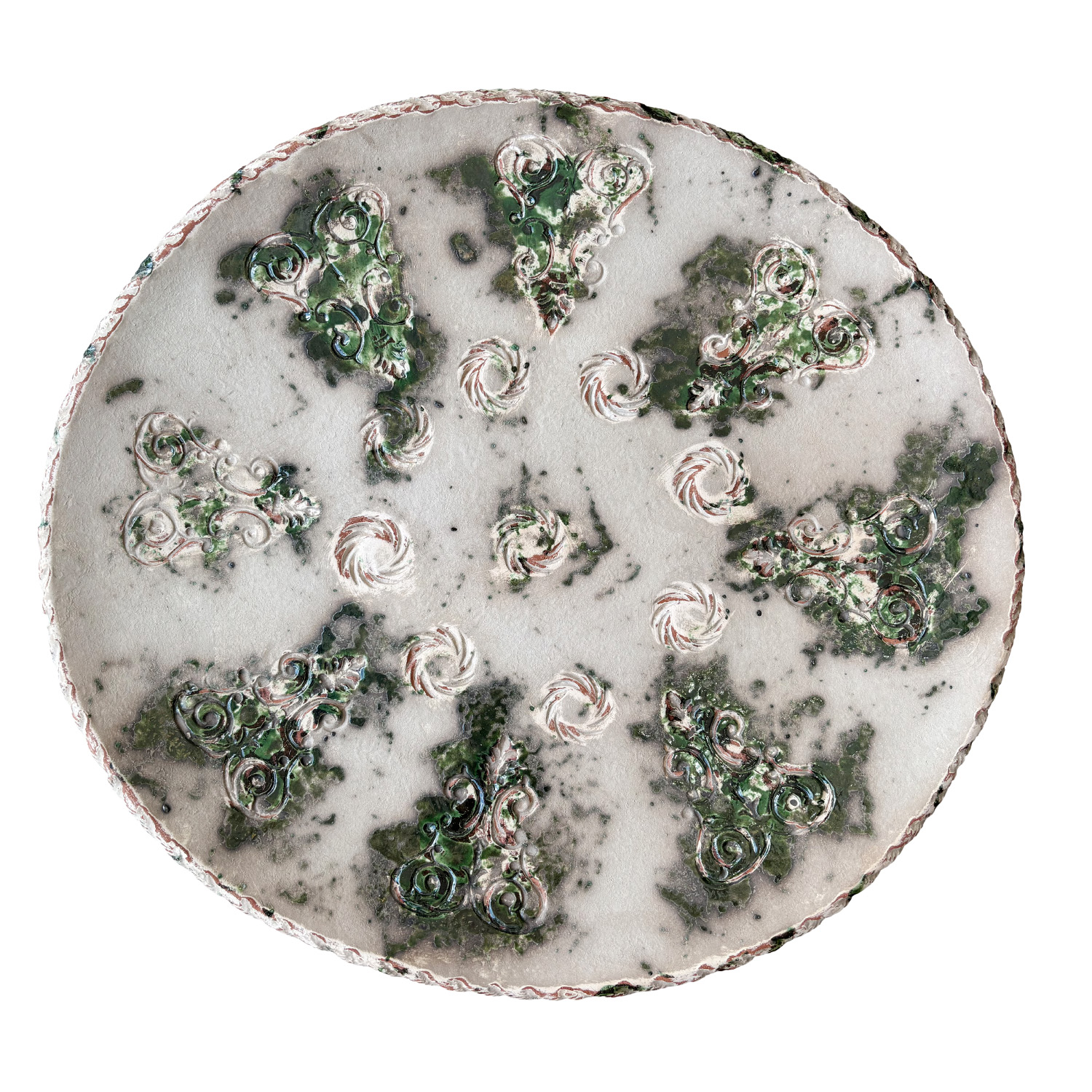 Large Round Provencal Center Piece in Terracotta with Green Enamel