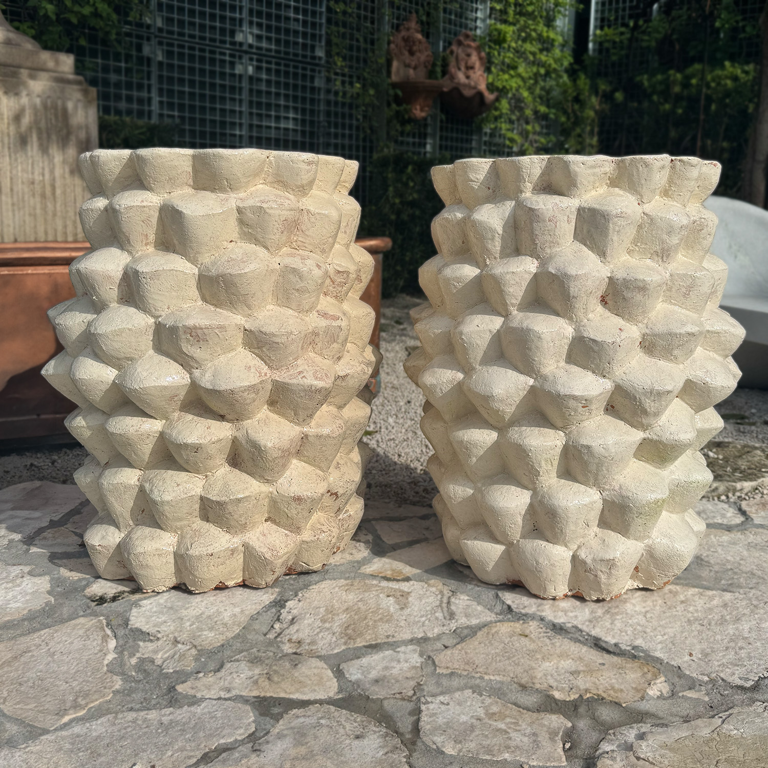 Pair of Palmtree Trunk Terracotta Planters in Ecru