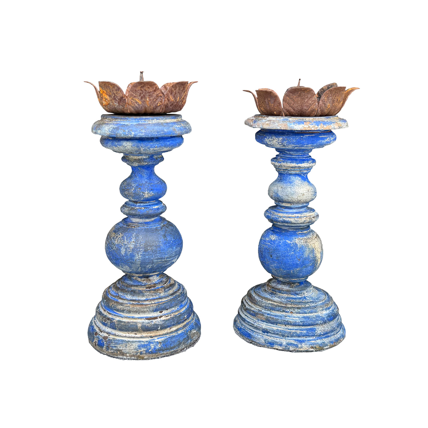 19th Century Style Wooden Candle Holders in Blue