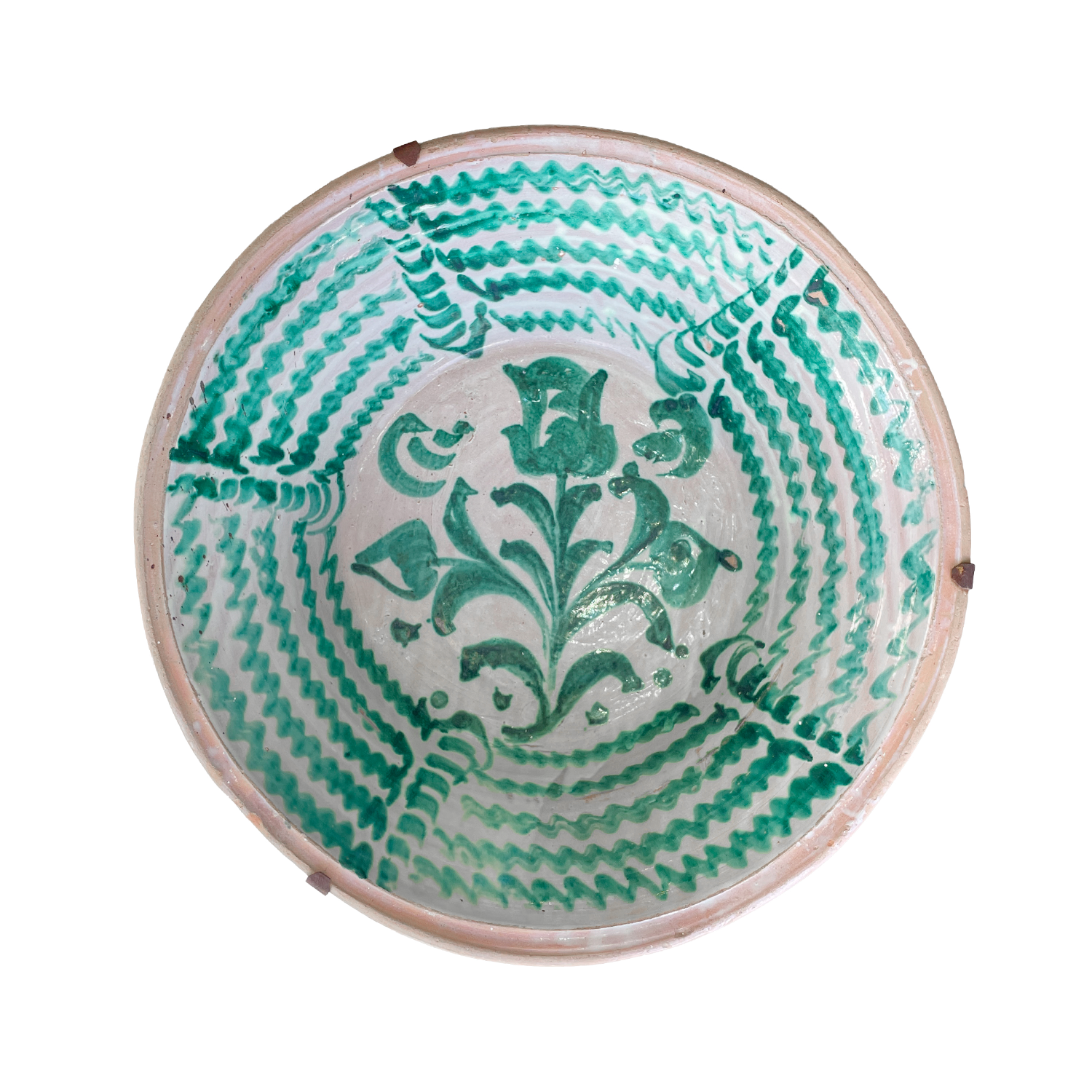 Antique Hand-Painted Lebrillo Bowl with a Green Floral Motif