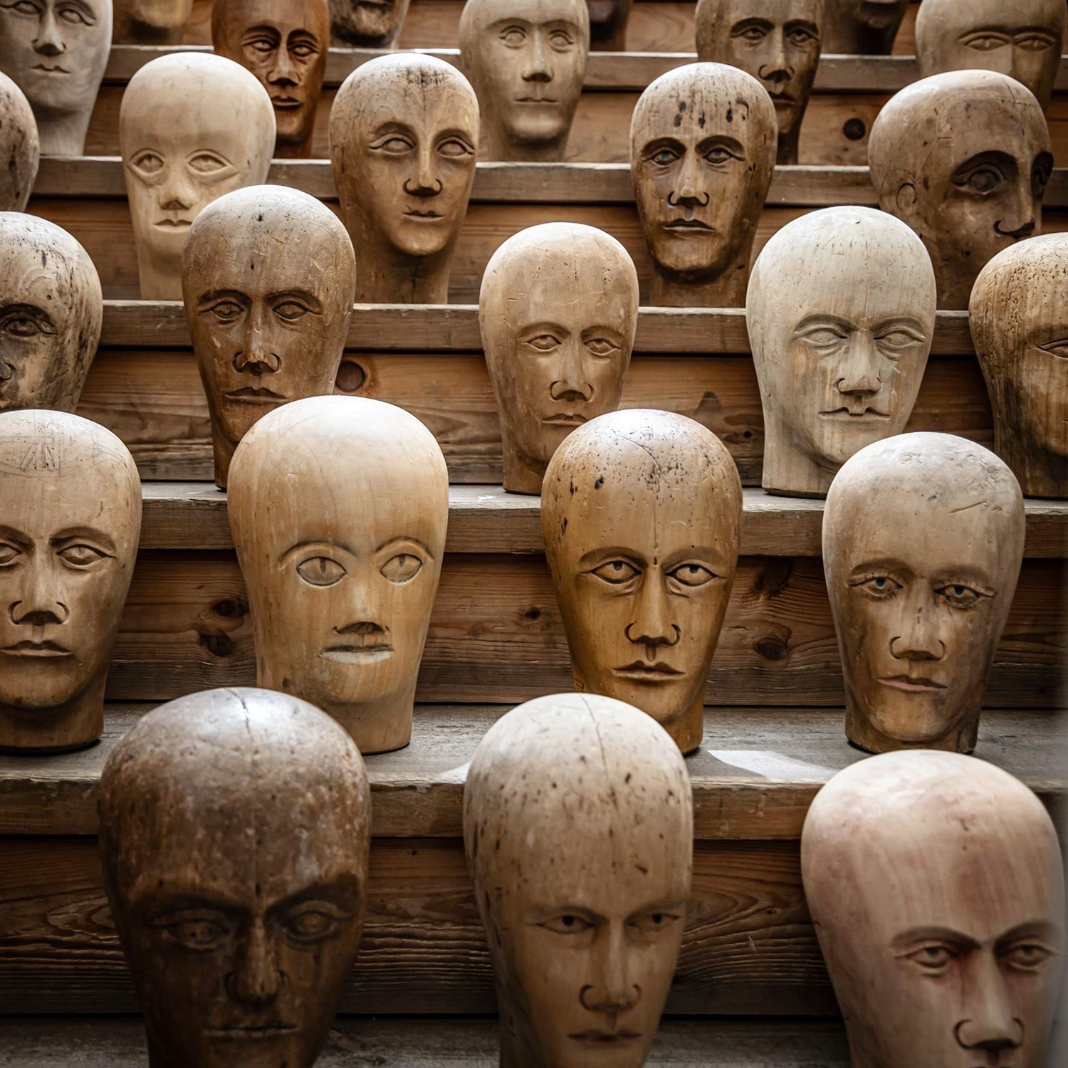 A 19th Century Collection of 34 Sculptural Wooden Modeled Heads from France