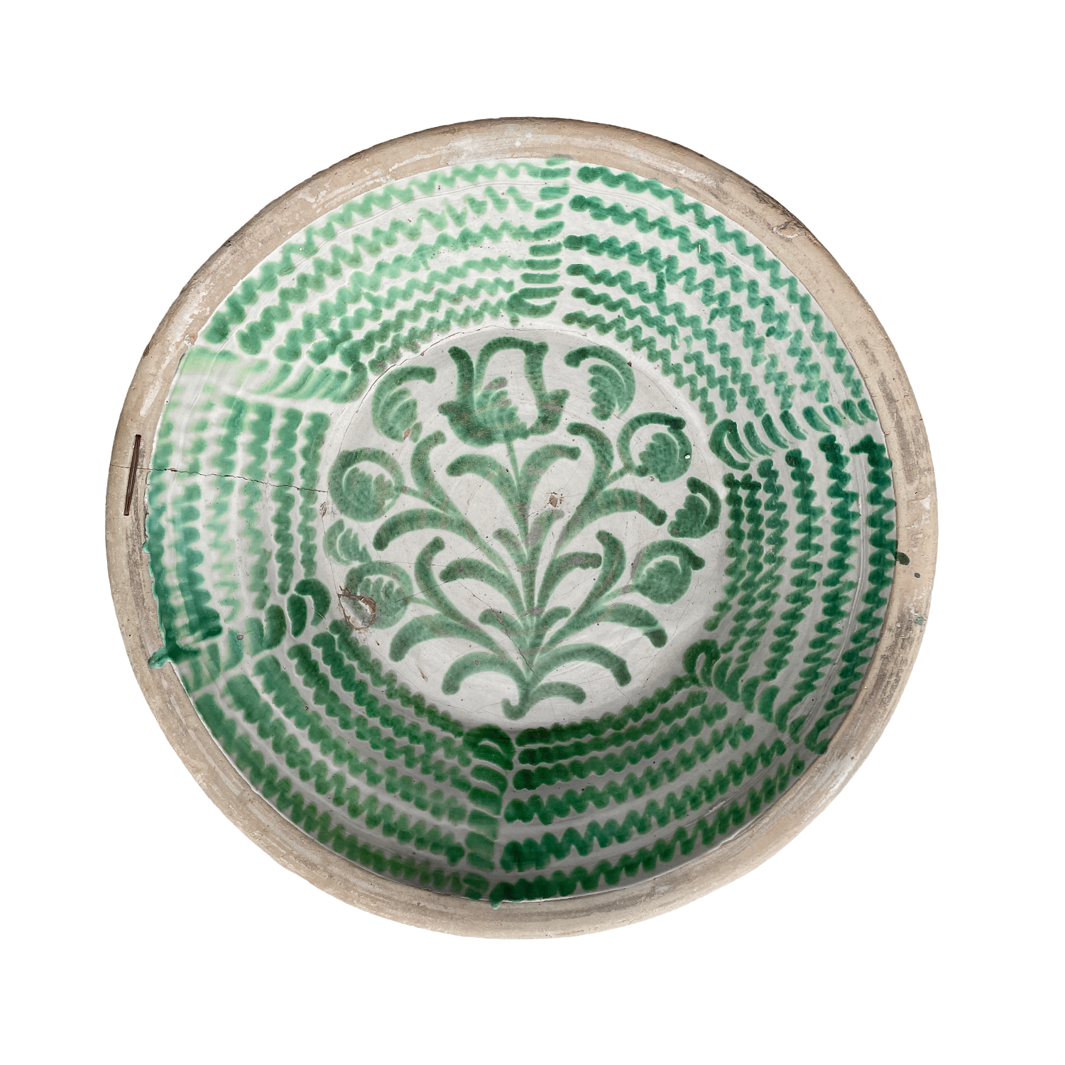 Antique European Terracotta Lebrillo Bowl with Green Slip Decoration