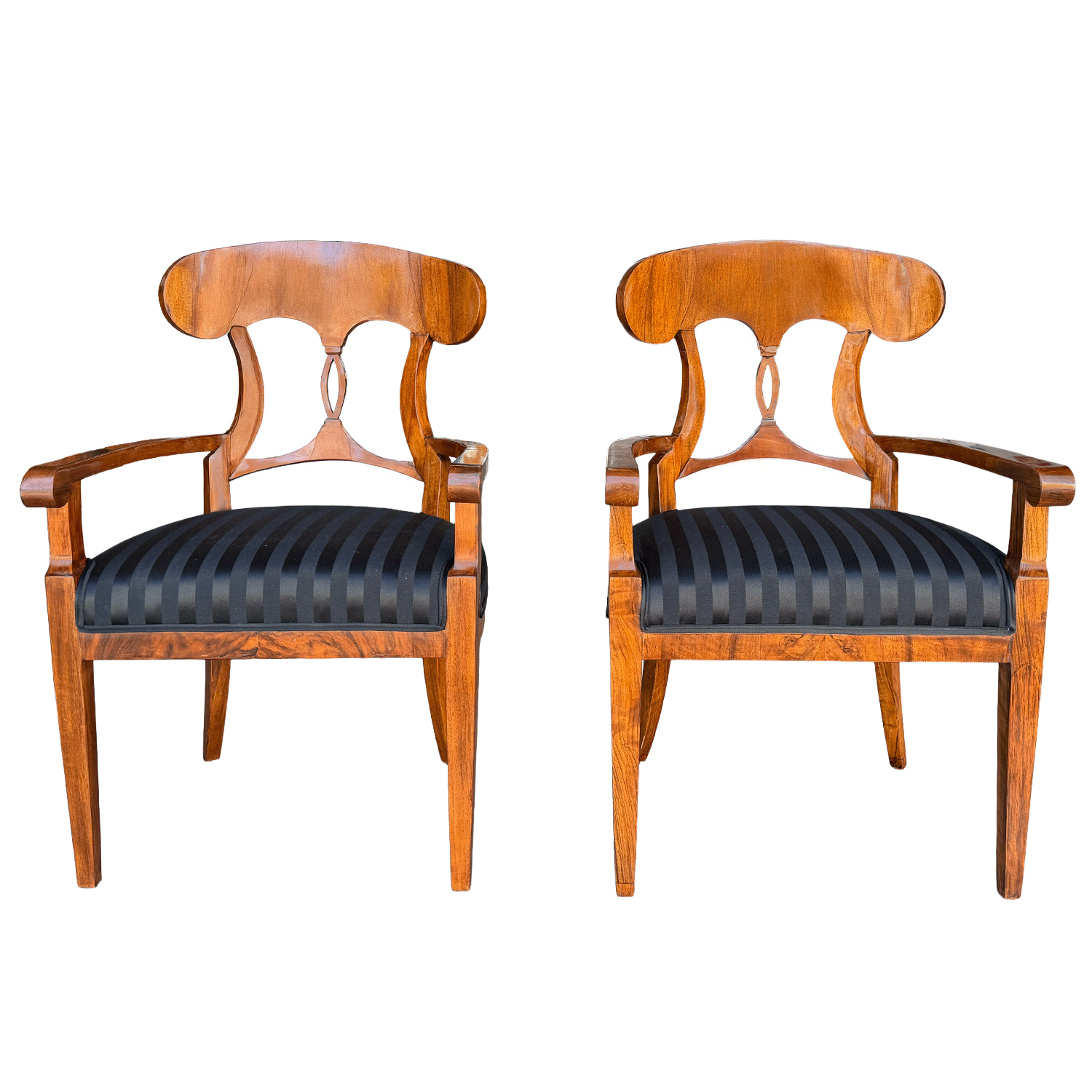 A Pair of Early 19th Century Biedermeier Walnut Armchairs with Openwork Backs