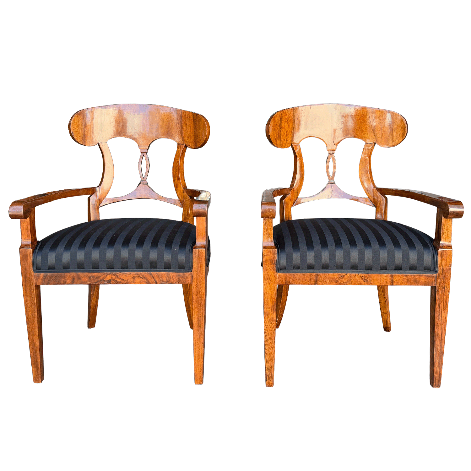 A Pair of Early 19th Century Biedermeier Walnut Armchairs with Openwork Backs