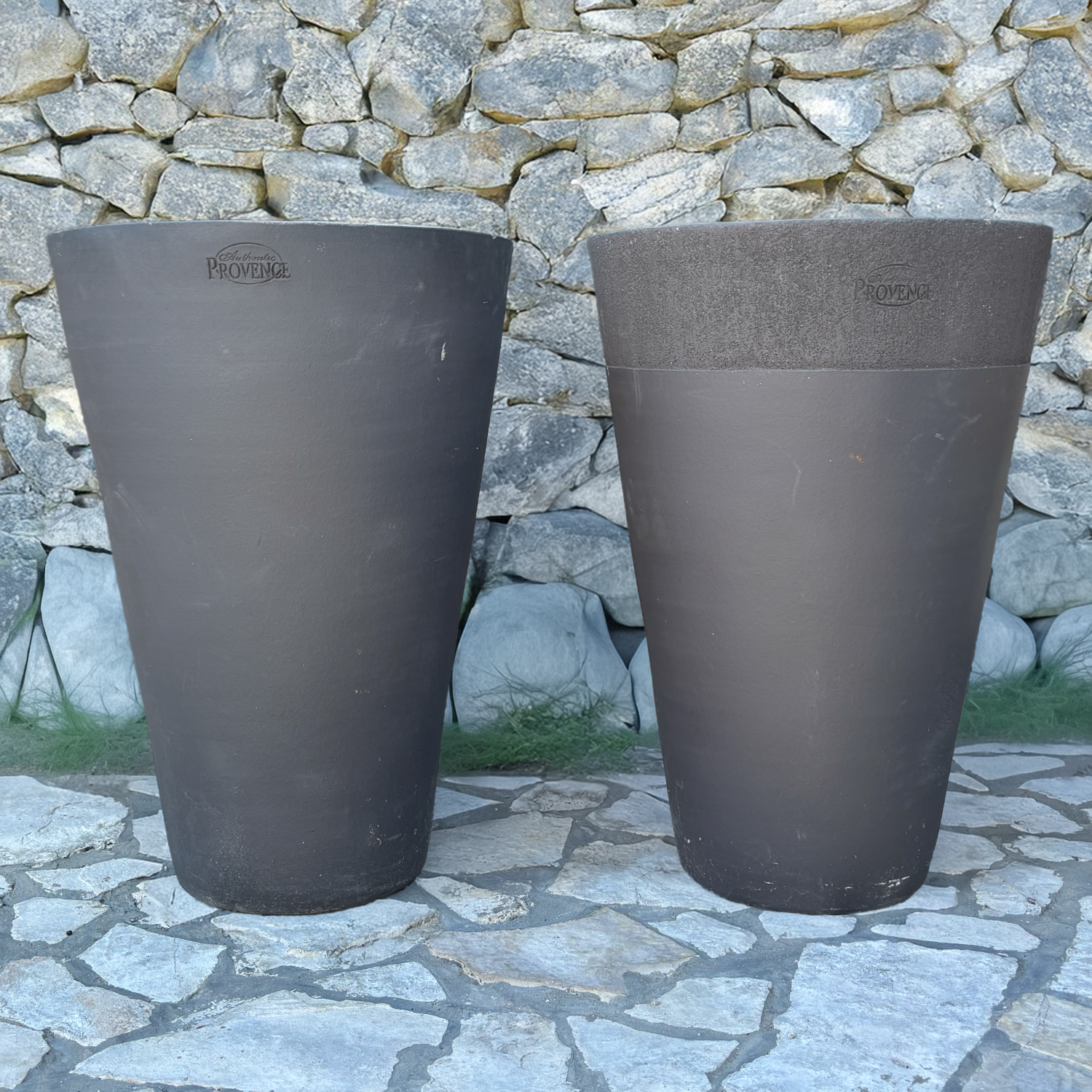 Pair of Similar Tall Conical Italian Terra Cotta Planters – Charcoal Finish