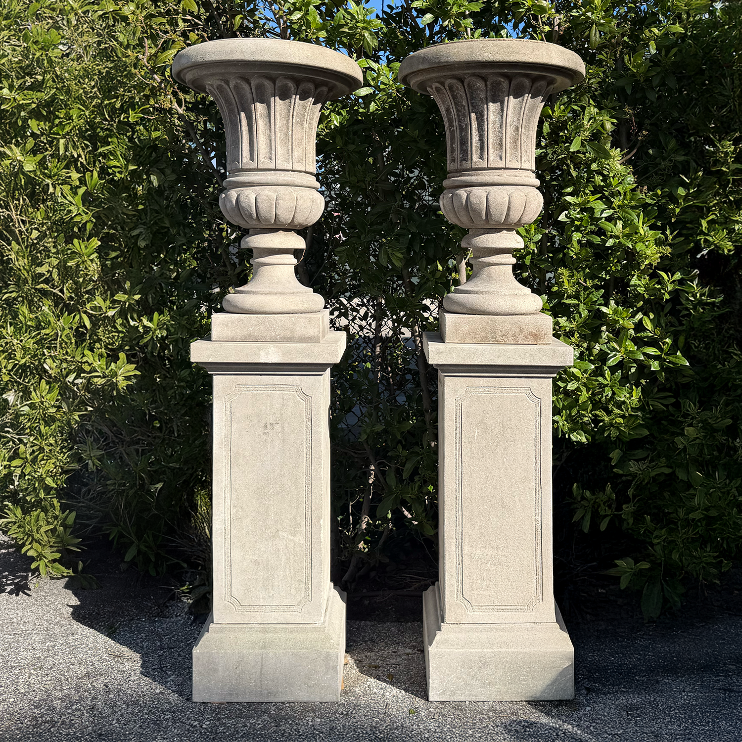 Antique European Stone Urns with Pedestal Bases