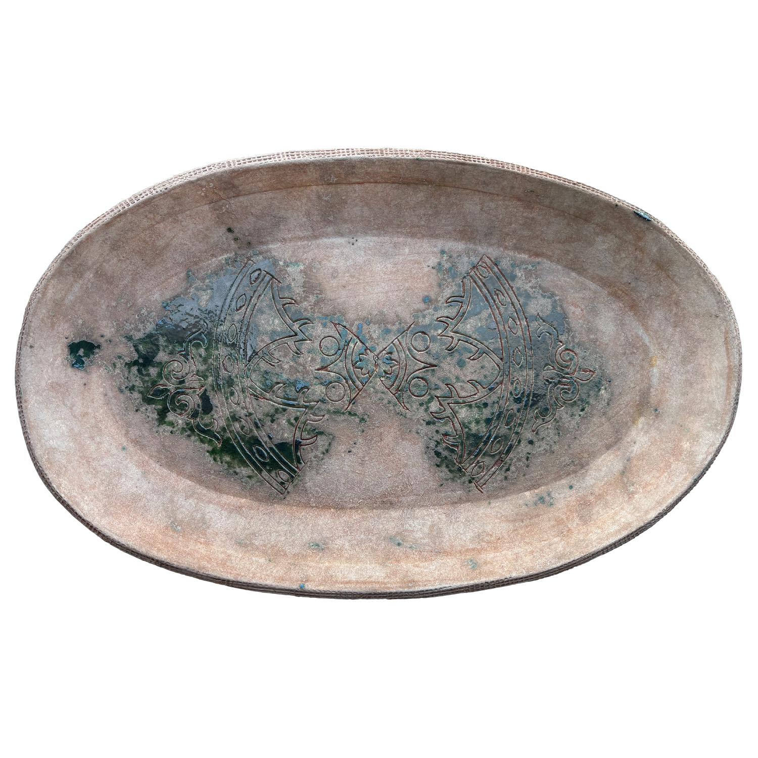 Large Oval Provencal Center Piece in Terracotta with Green Enamel