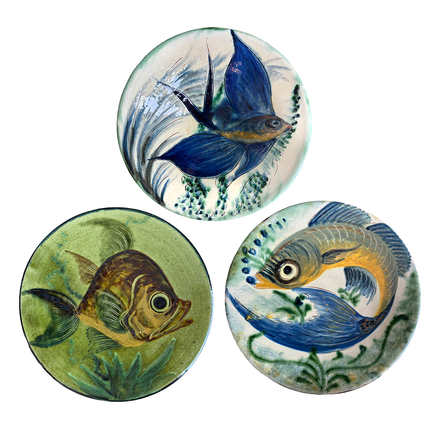 Set of Three French Terra Cotta Plates with Fish, Circa 1960s