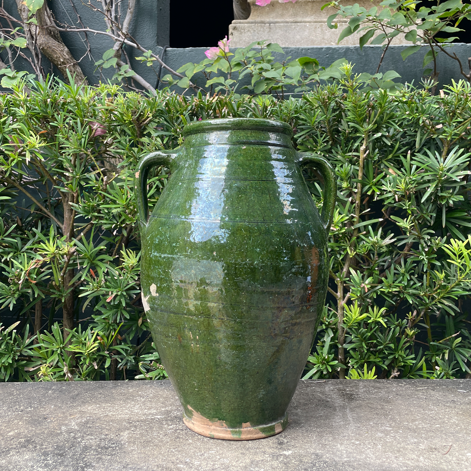 Antique Mediterranean Jar with Aged Green Glaze