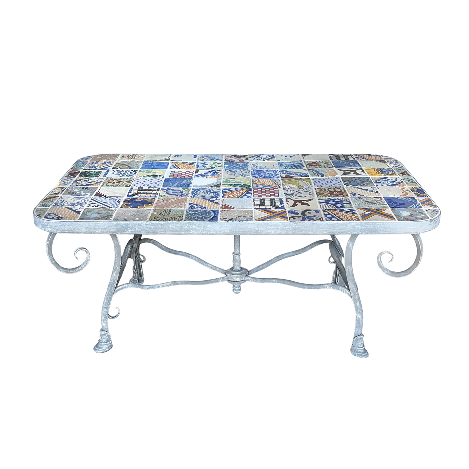 Vintage Coffee Table in Galvanized Metal with Antique Tuscan Tile Top