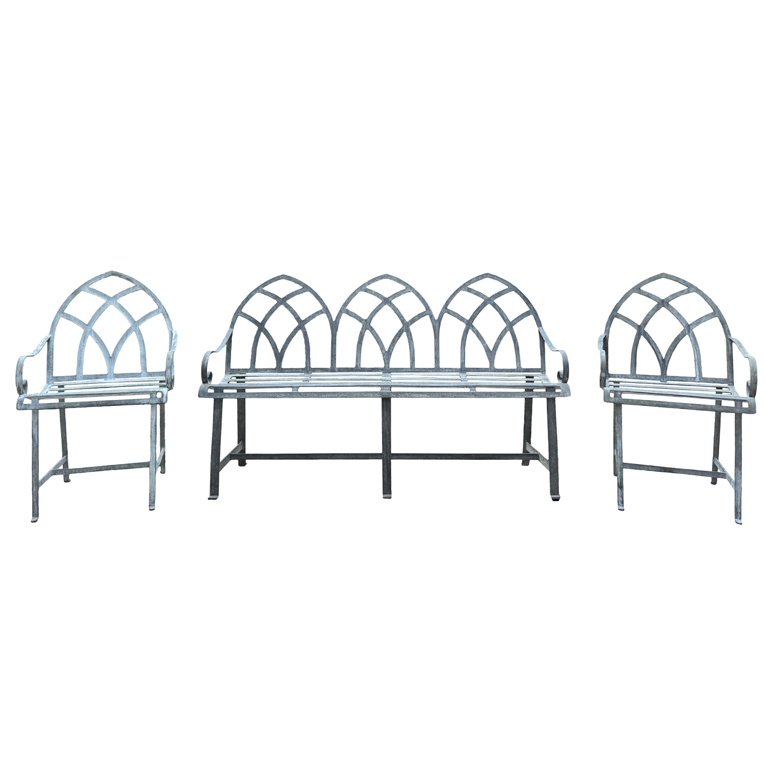Gothic Style Garden Set with Galvanized Metal Bench and Two Chairs