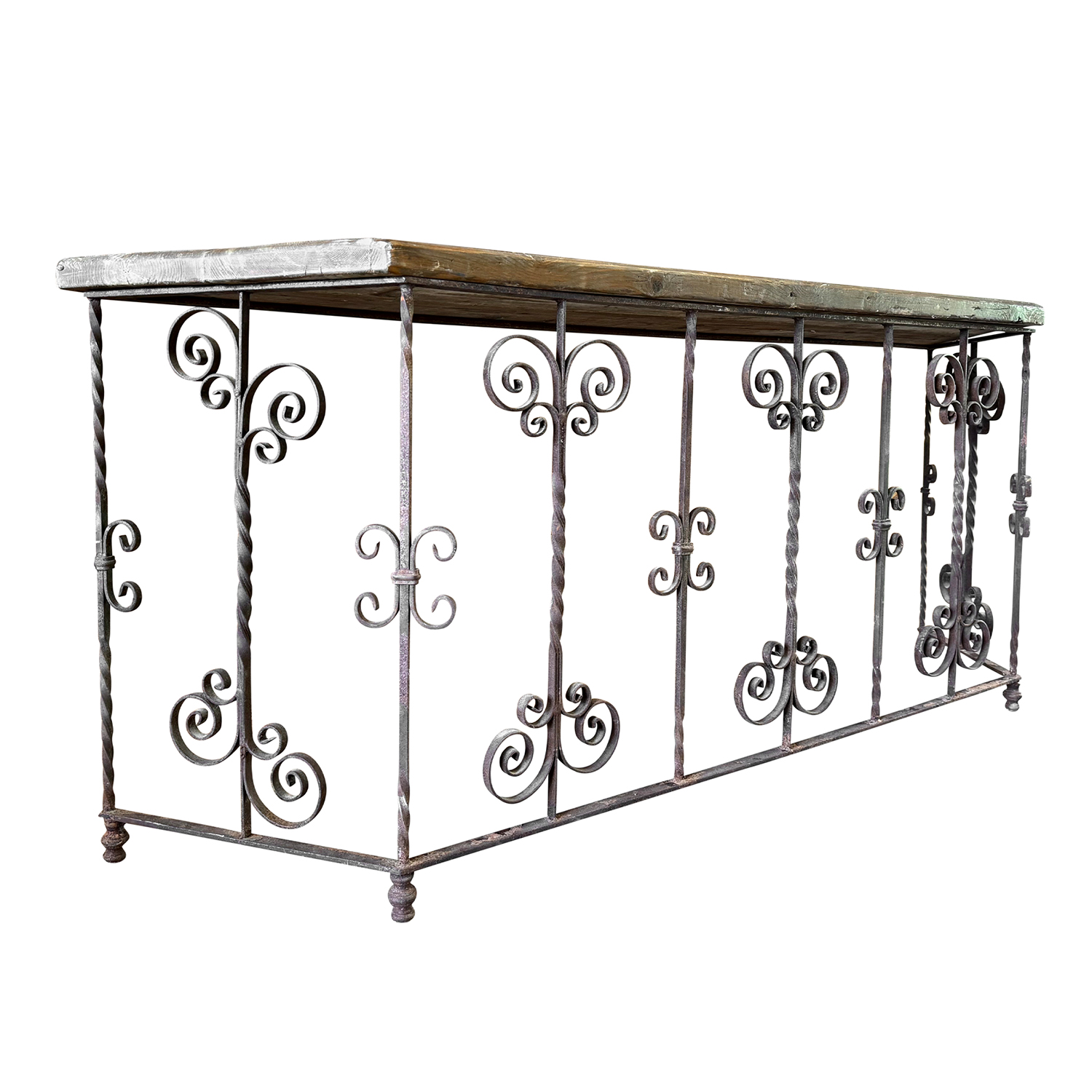 Pair of Vintage Wrought Iron Console Tables with Wooden Tops