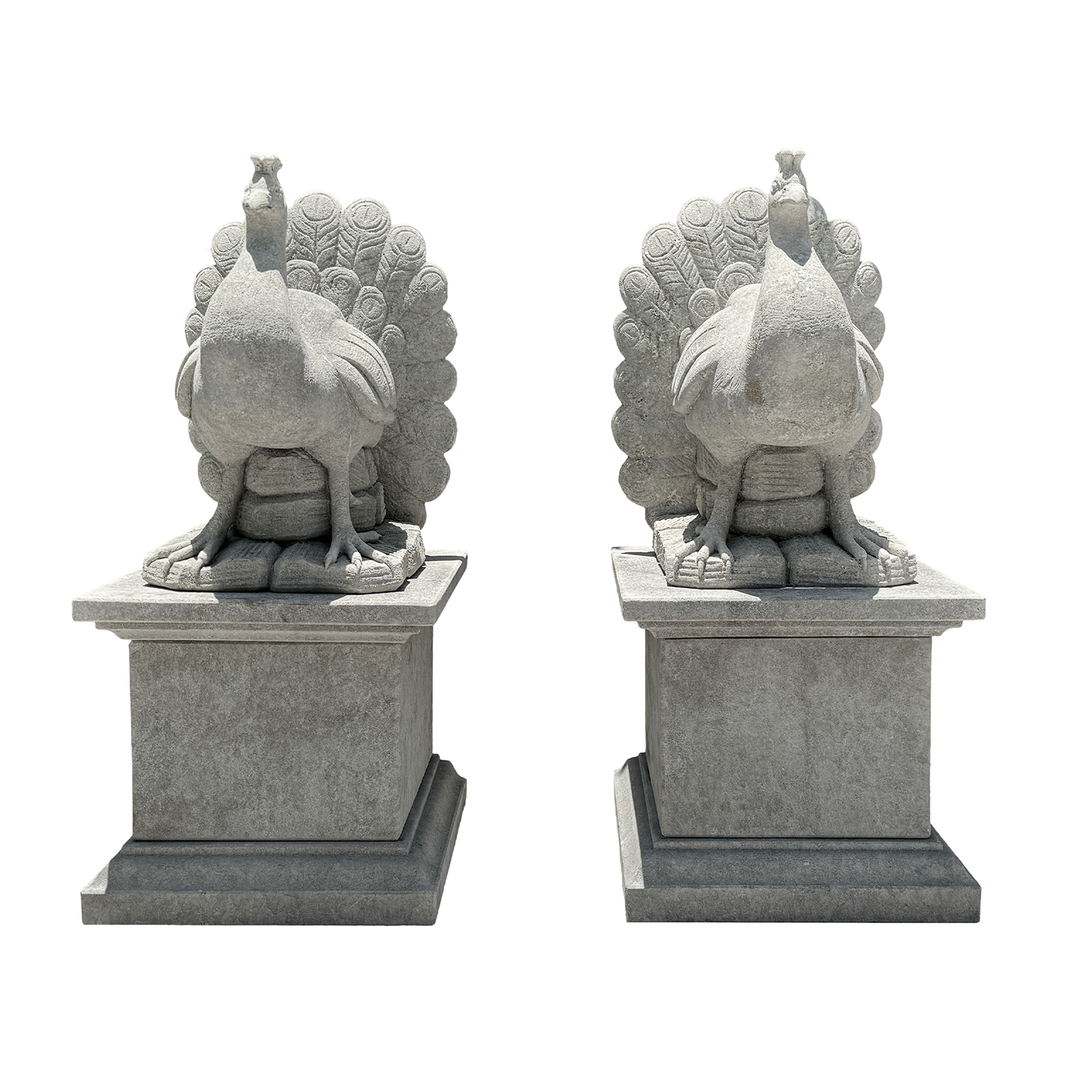 Pair of Carved Limestone Peacocks on Plinths