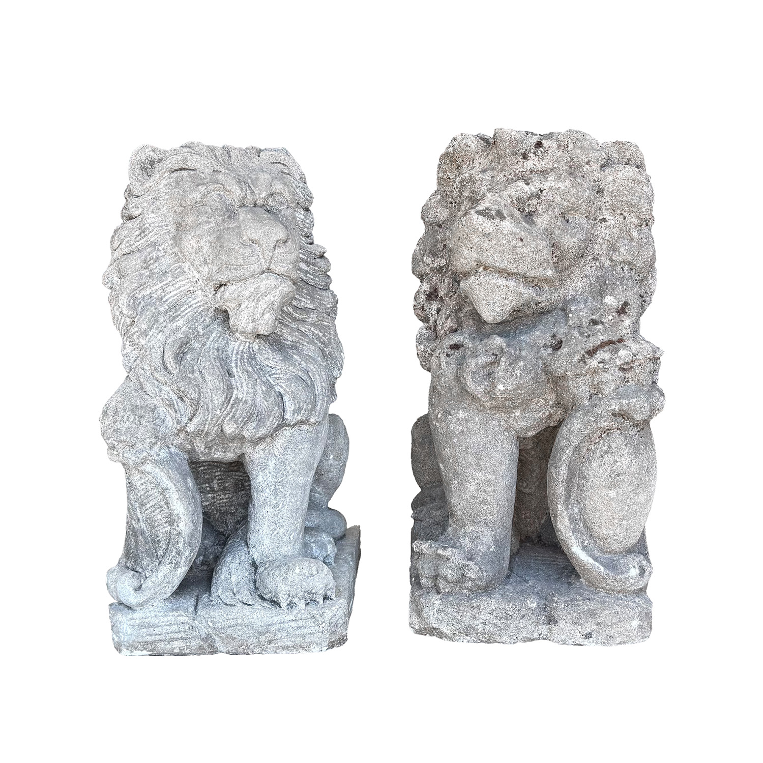 Pair of Lion Garden Statues in Italian Limestone