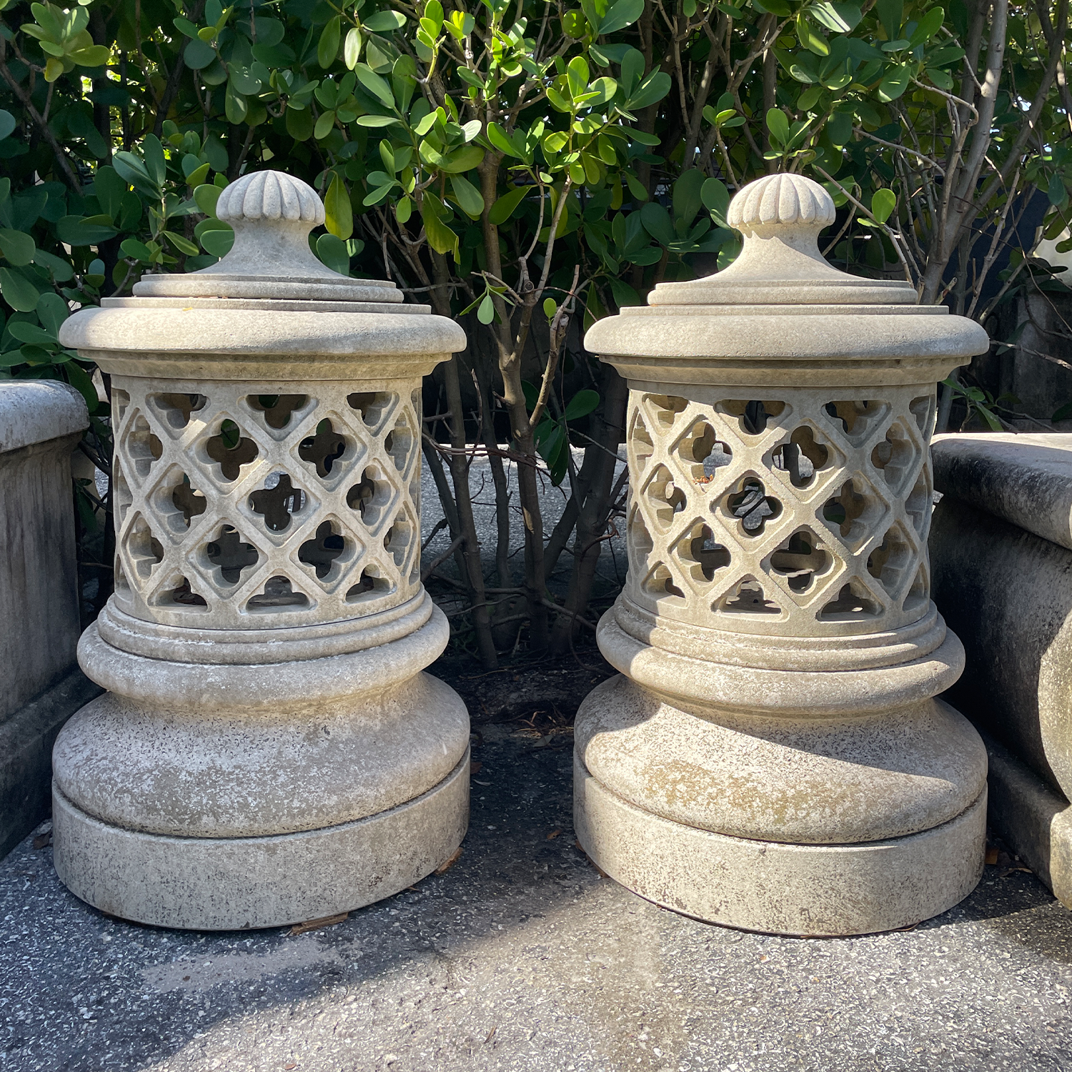 A Pair of Vintage Arabesque Garden Lanterns in Carved Limestone