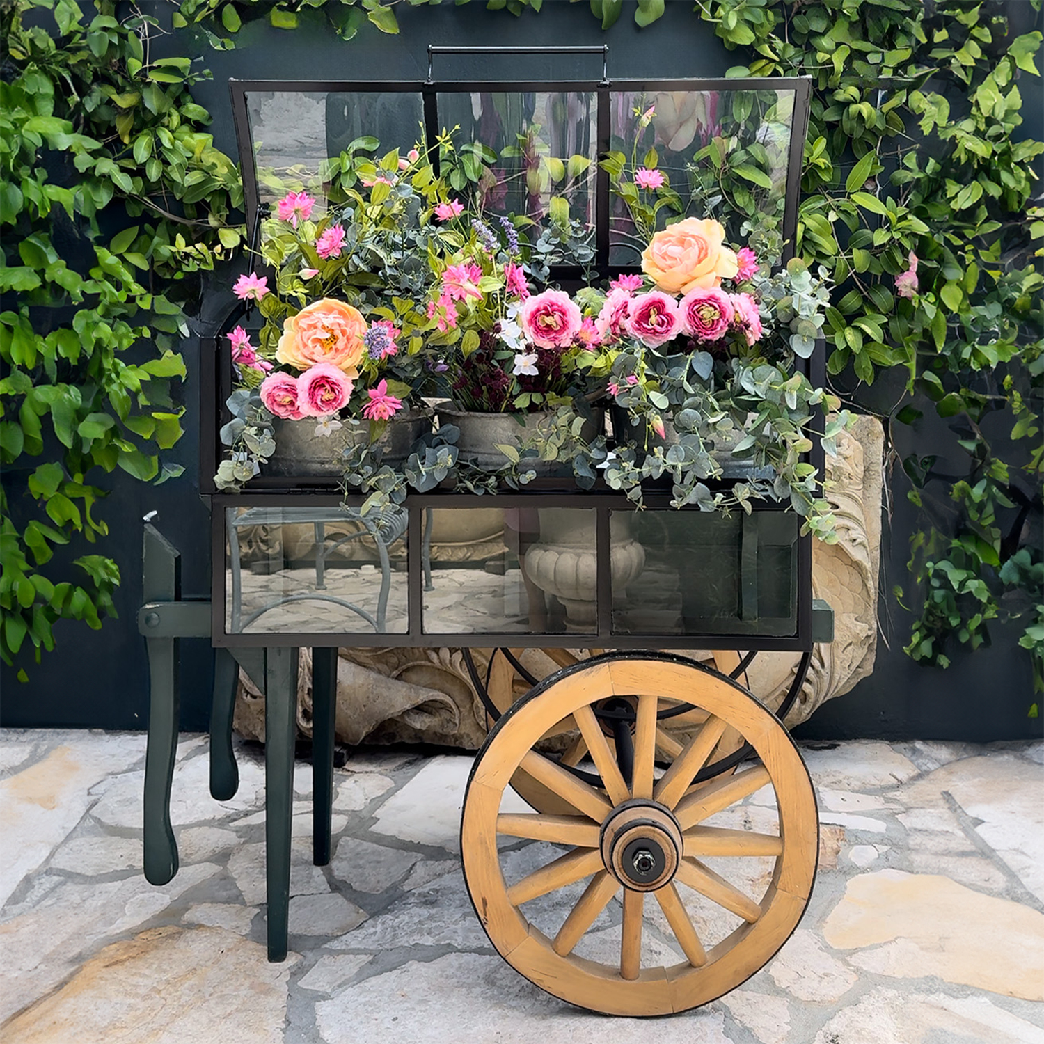 20th – 21st Century French Vintage Rustic Wood Domed Top Flower Cart