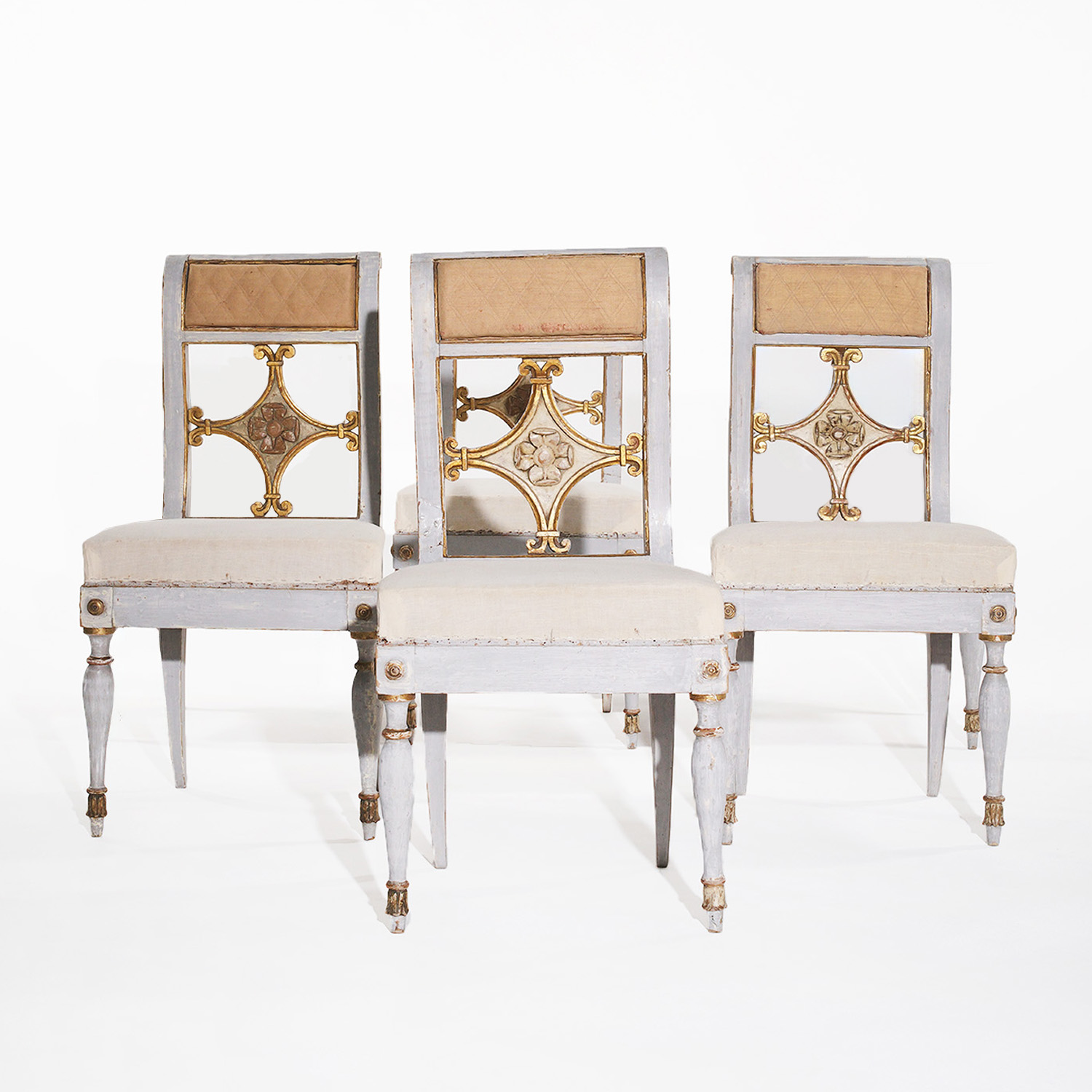 19th Century Italian Set of Four Neoclassical Dining Chairs – Hand-Painted Pinewood, Circa 1830